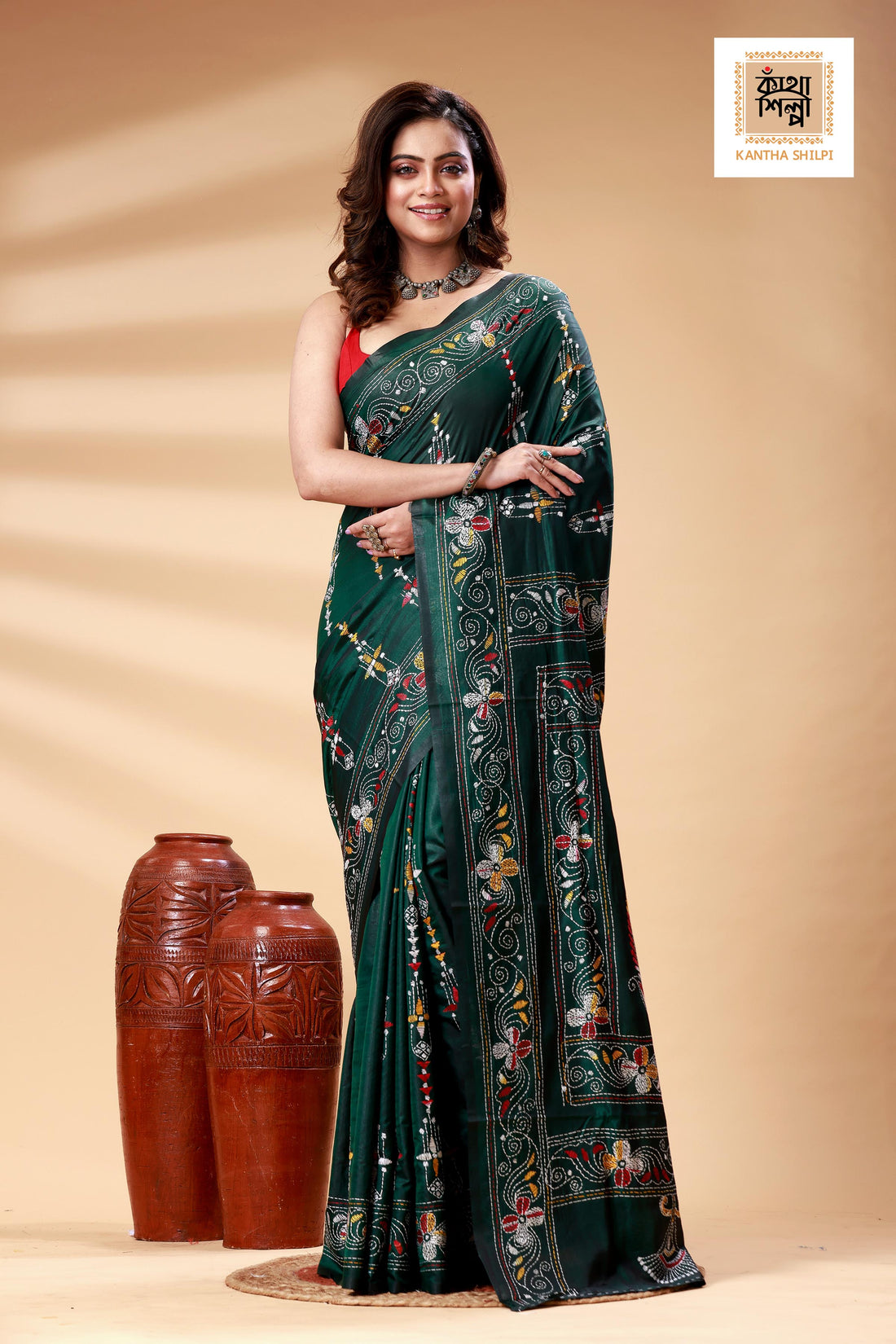 Dark Green Color Bangalore Silk Multicolor Thread Work Kantha Stitch Saree