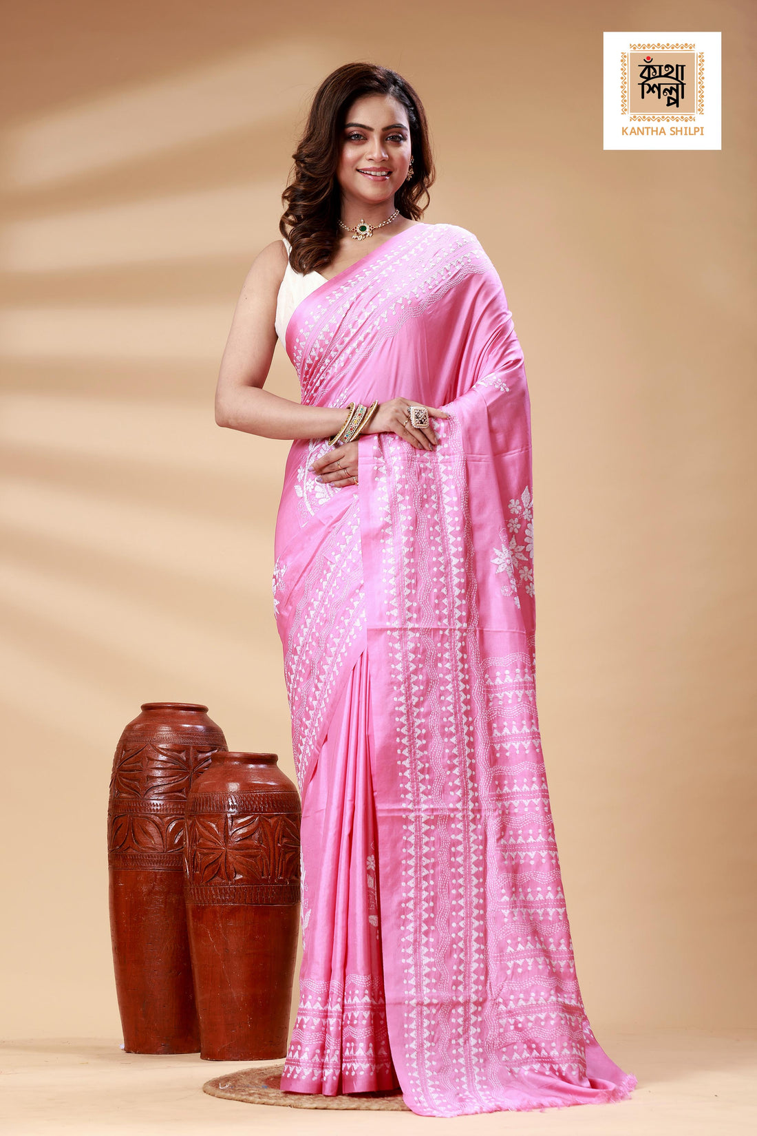 Pink Color Bangalore Silk White color Thread Work Kantha Stitch Saree