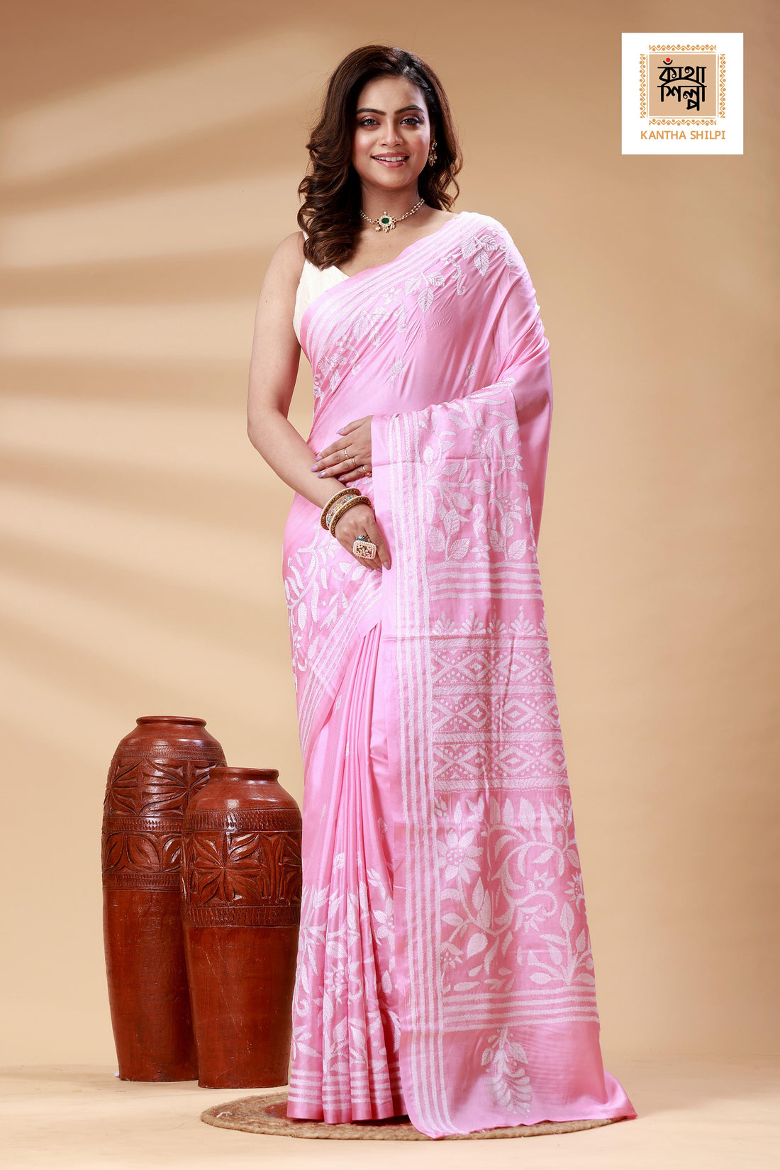 Pink Color Bangalore Silk White color Thread Work Kantha Stitch Saree