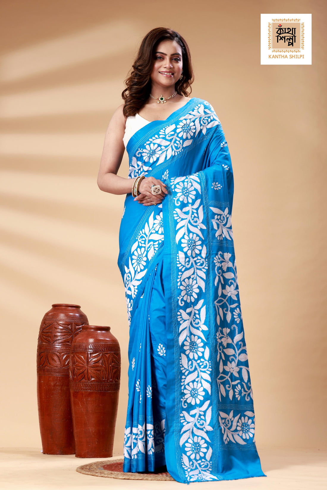 Blue Color Bangalore Silk White color Thread Work Kantha Stitch Saree