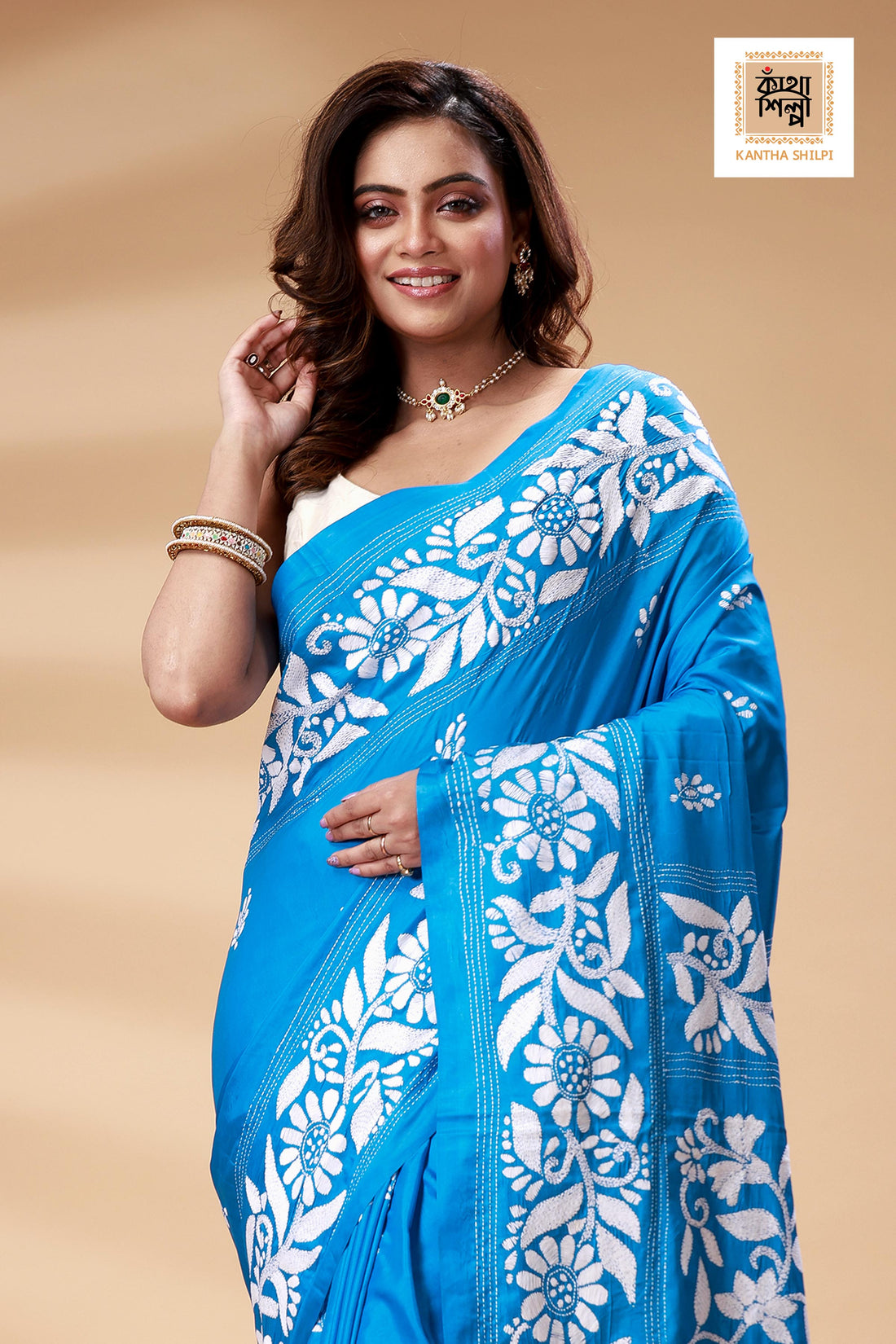 Blue Color Bangalore Silk White color Thread Work Kantha Stitch Saree