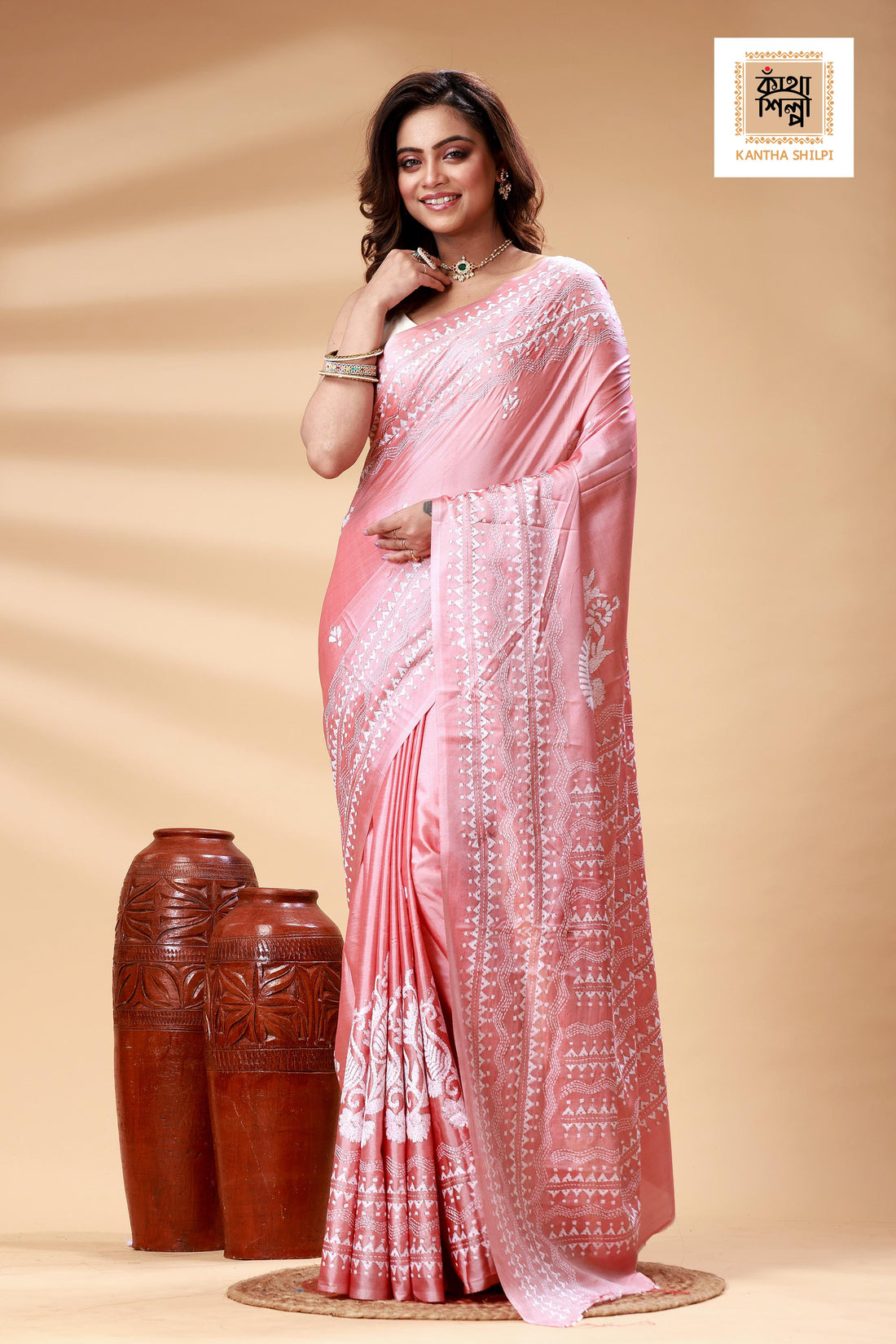 Pink Color Bangalore Silk White color Thread Work Kantha Stitch Saree