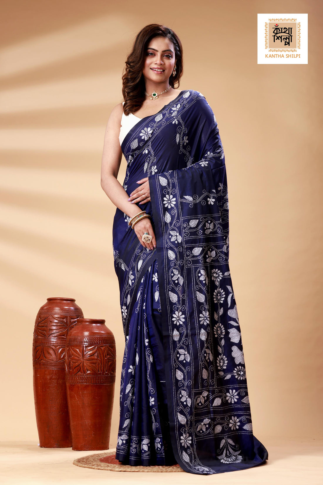 Blue Color Bangalore Silk White color Thread Work Kantha Stitch Saree