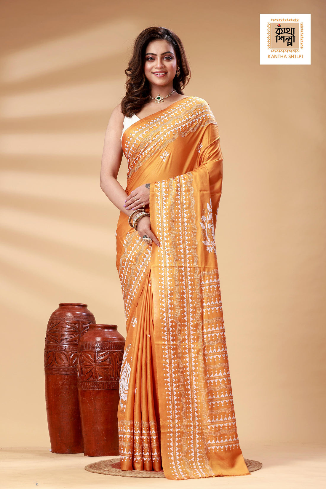 Orange Color Bangalore Silk White color Thread Work Kantha Stitch Saree