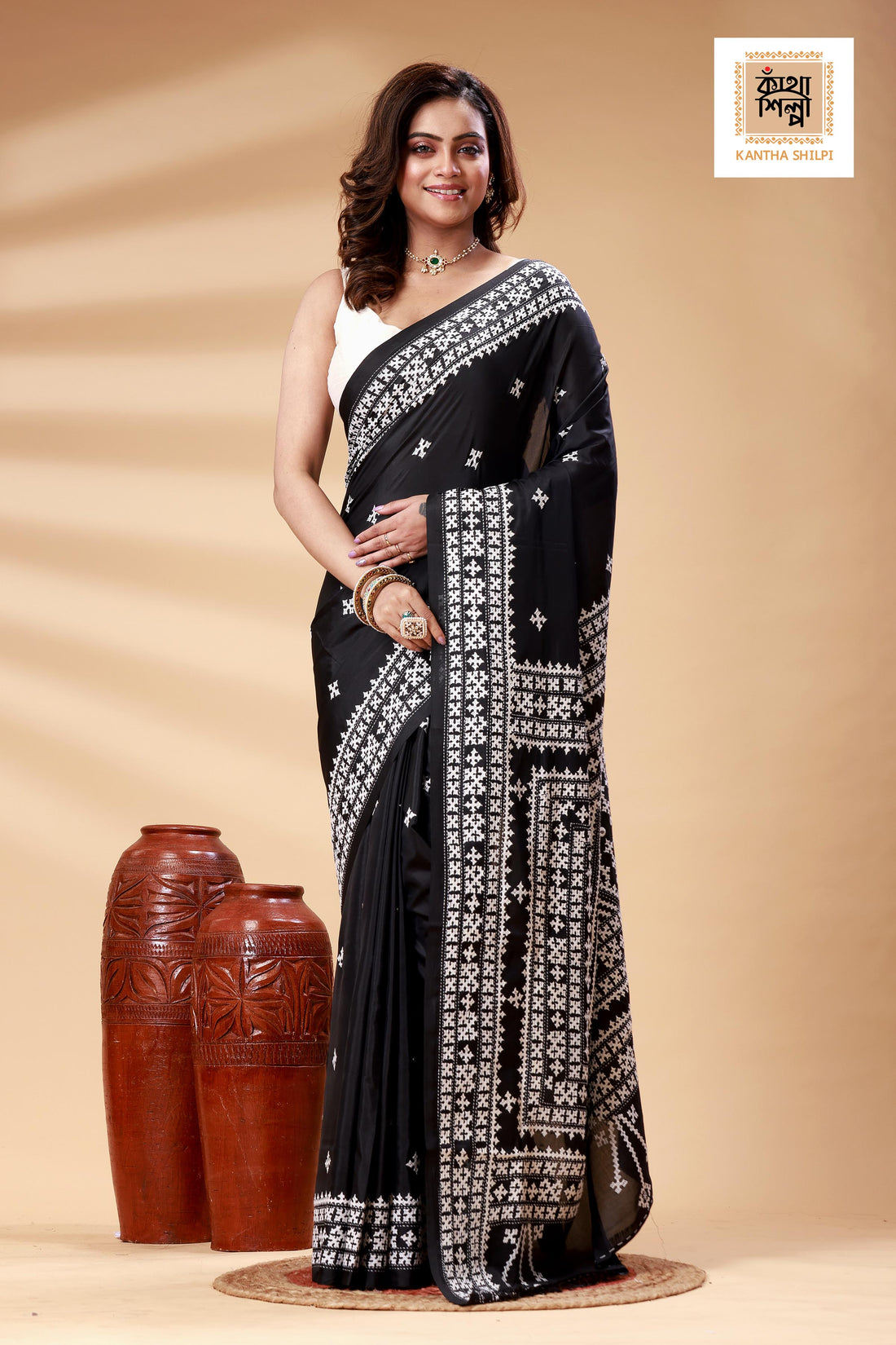 Black Bangalore Silk White color Thread Work Gujrati Stitch Saree