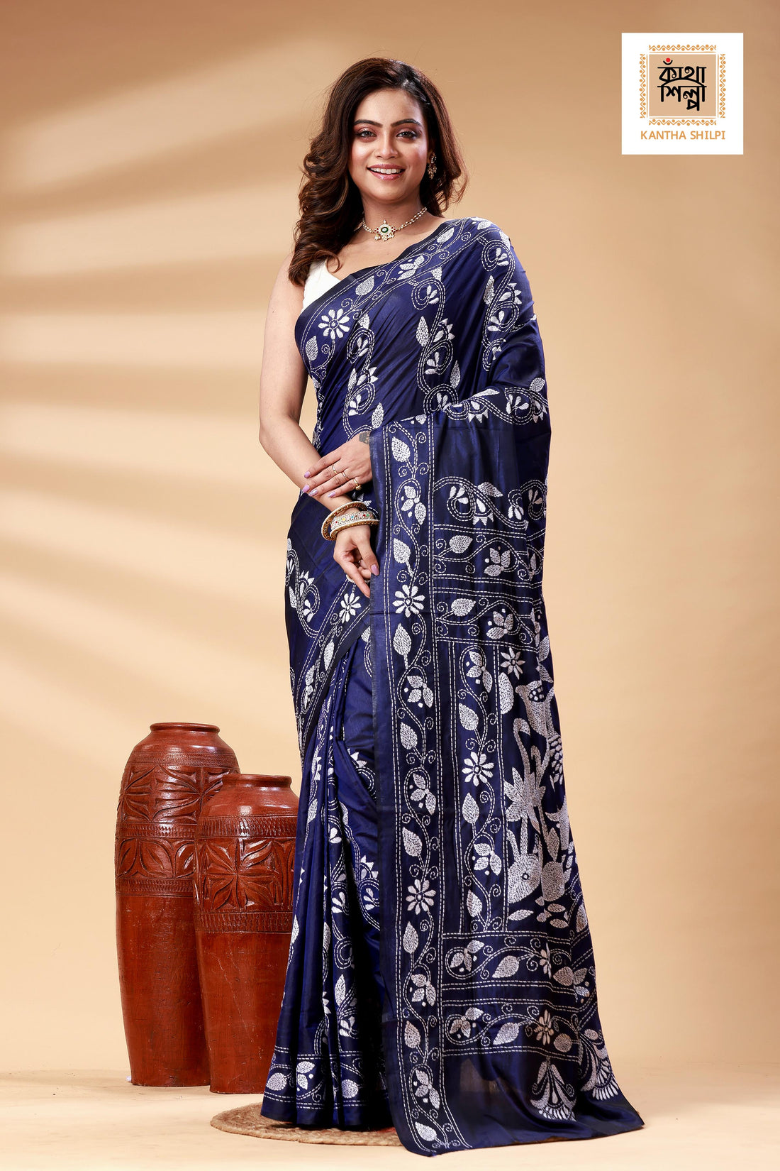 Blue Color Bangalore Silk White color Thread Work Kantha Stitch Saree