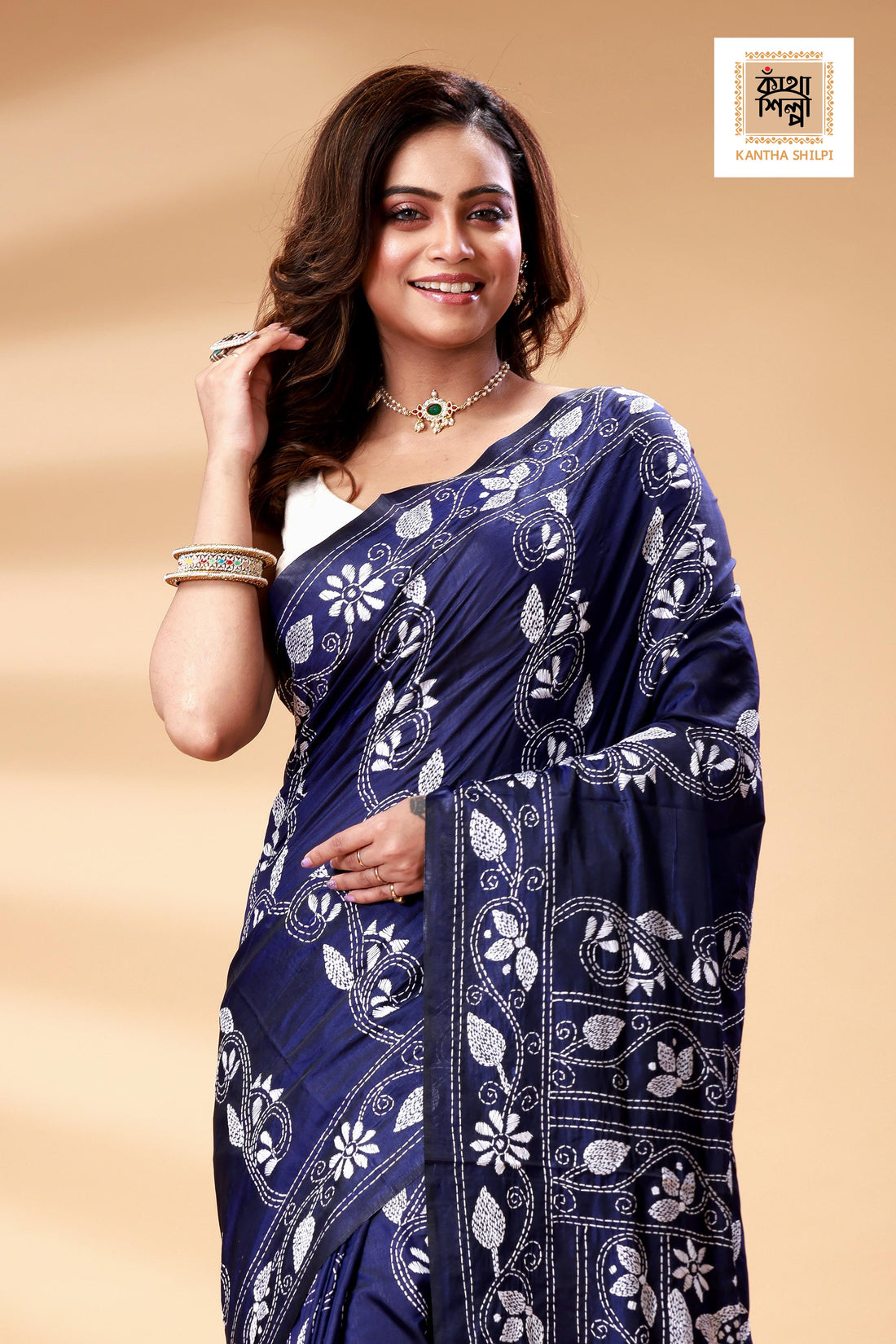 Blue Color Bangalore Silk White color Thread Work Kantha Stitch Saree