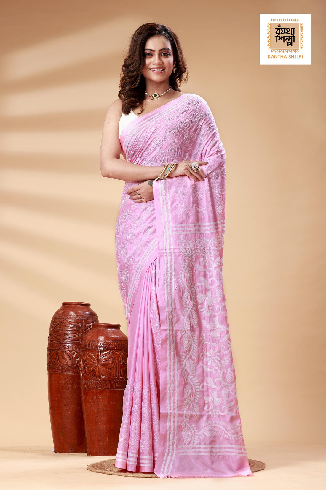 Pink Color Bangalore Silk White Color Thread Work Kantha Stitch Saree