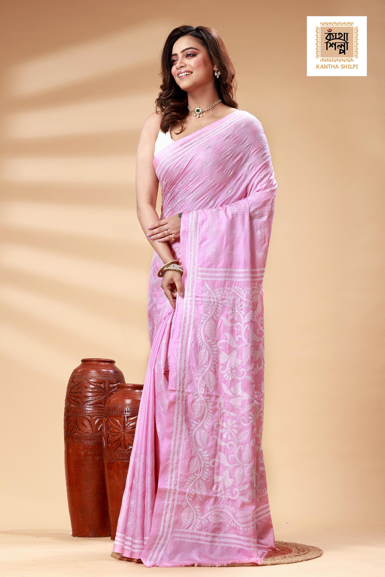 Pink Color Bangalore Silk White Color Thread Work Kantha Stitch Saree