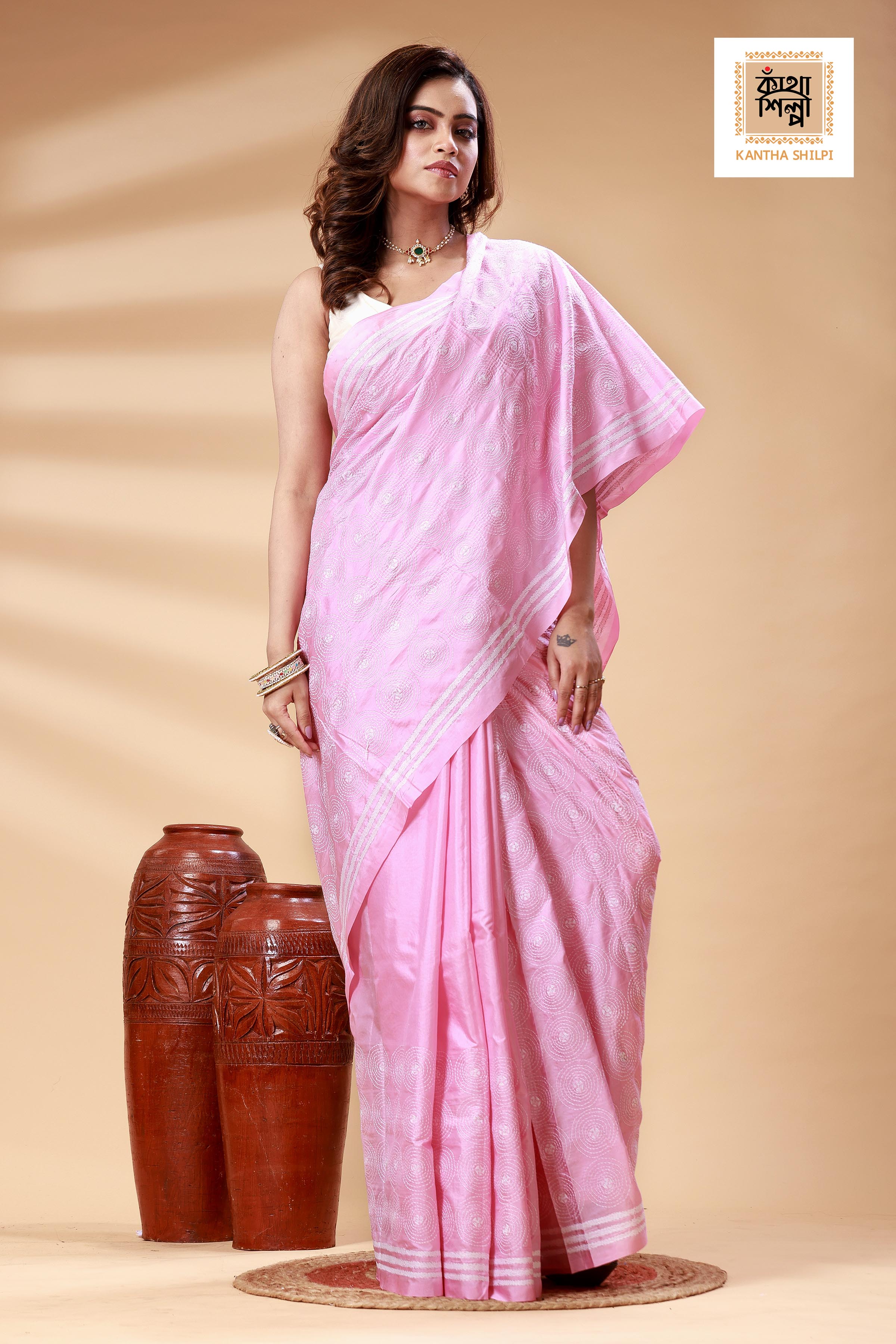Pink Color Bangalore Silk White Color Thread Work Kantha Stitch Saree