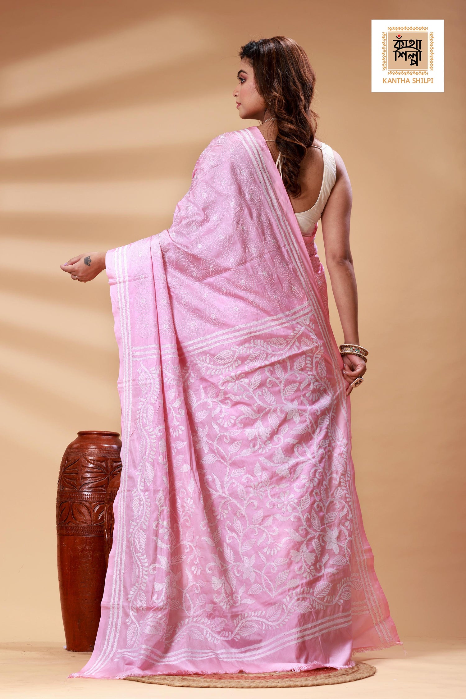 Pink Color Bangalore Silk White Color Thread Work Kantha Stitch Saree