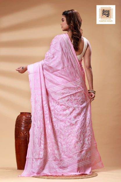 Pink Color Bangalore Silk White Color Thread Work Kantha Stitch Saree