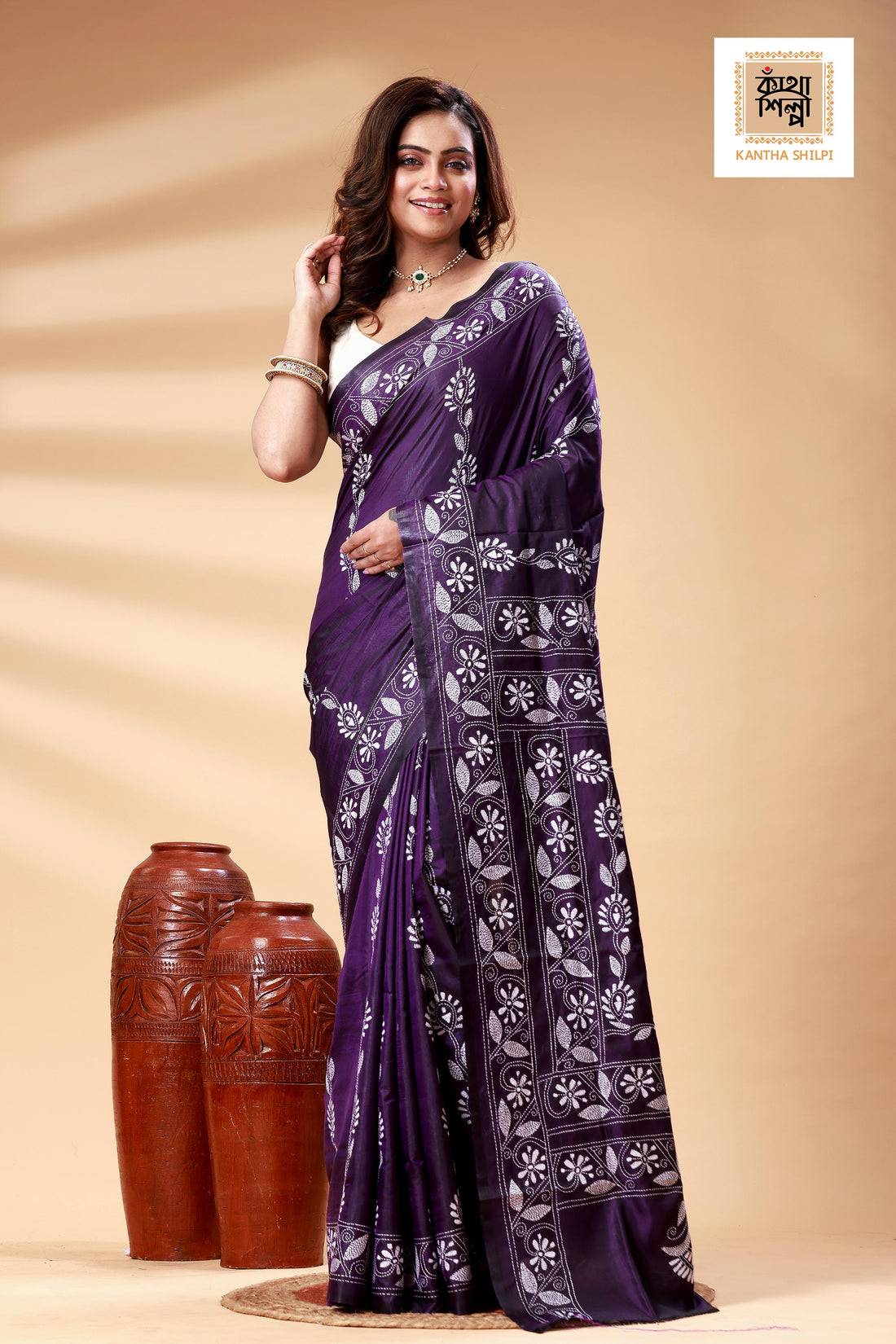 Purple Color Bangalore Silk White color Thread Work Kantha Stitch Saree