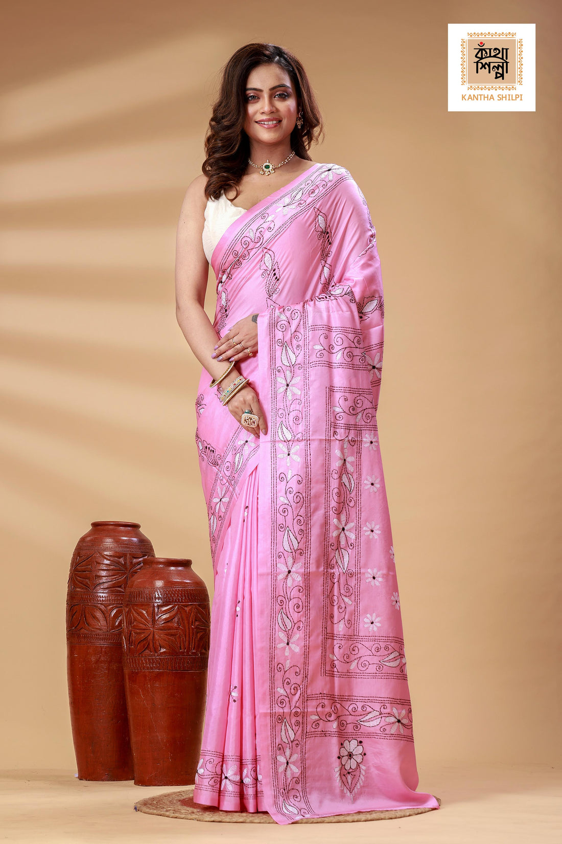 Pink Color Bangalore Silk Black-white color Thread Work Kantha Stitch Saree