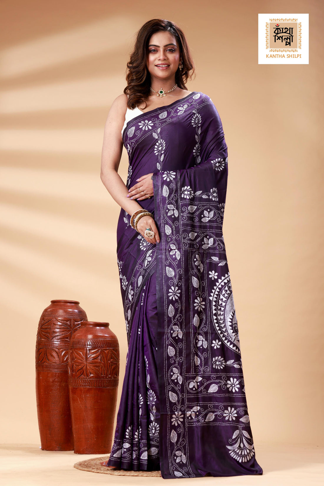Purple Color Bangalore Silk White color Thread Work Kantha Stitch Saree