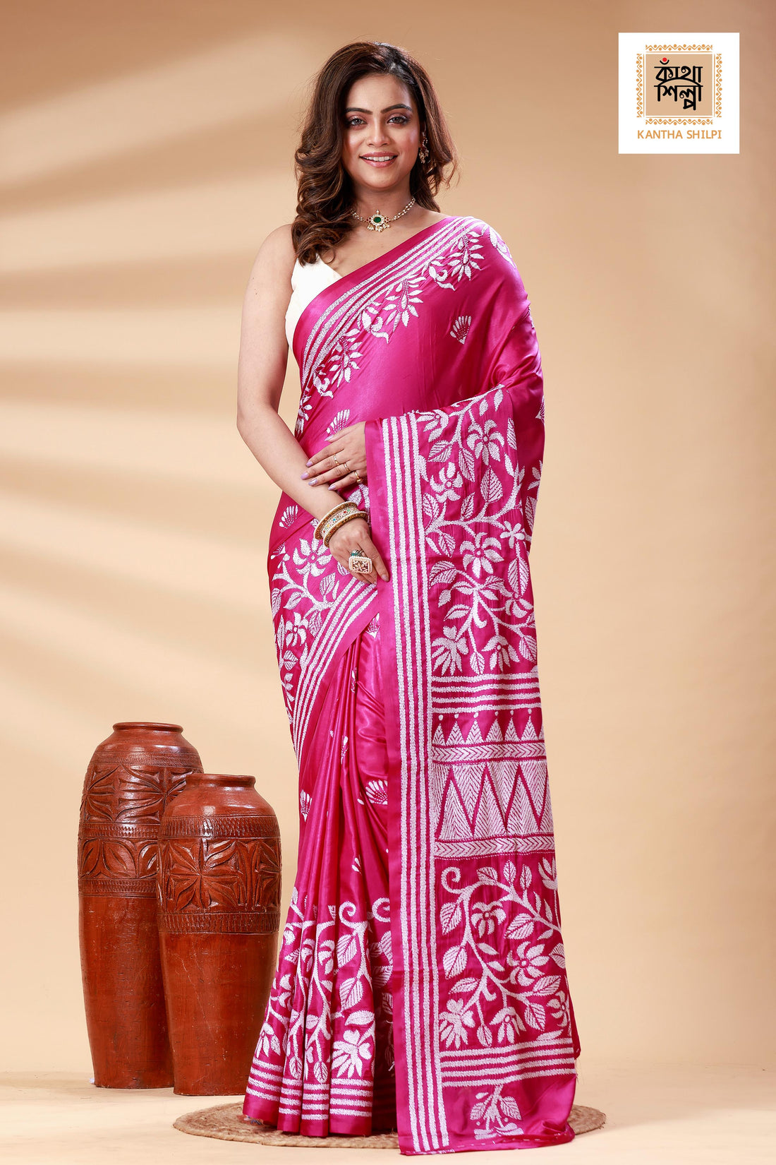 Rani Color Bangalore Silk White color Thread Work Kantha Stitch Saree