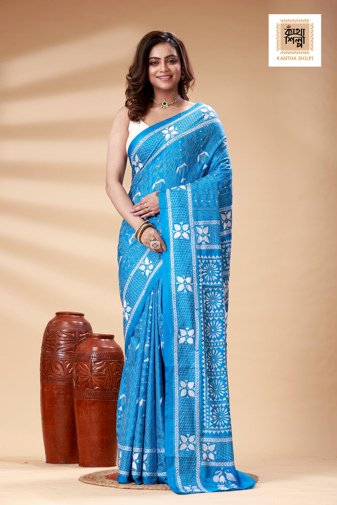 Blue Color Bangalore Silk White color Thread Work Kantha Stitch Saree