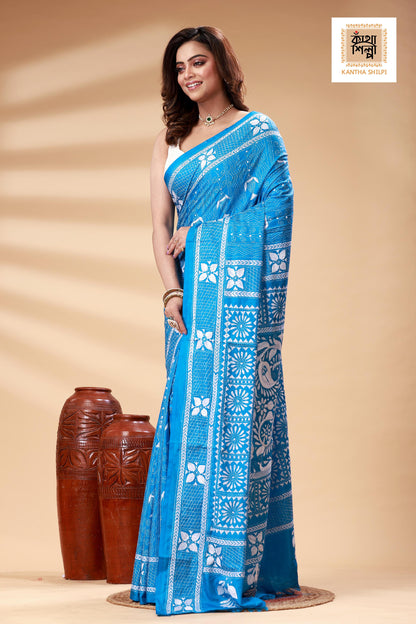 Blue Color Bangalore Silk White color Thread Work Kantha Stitch Saree