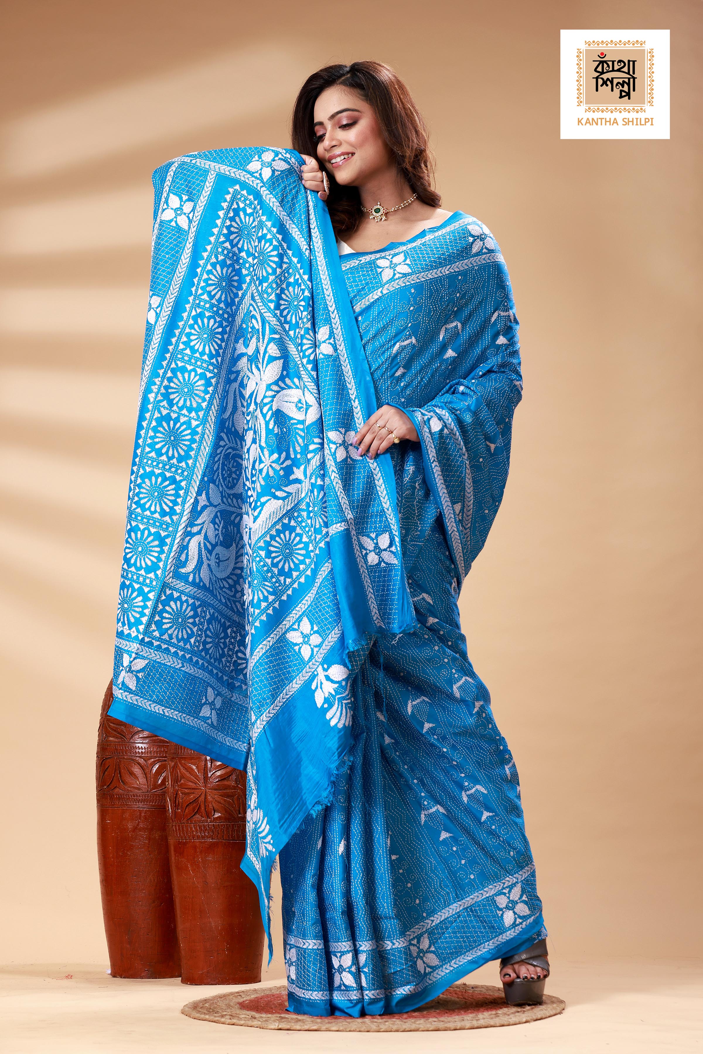 Blue Color Bangalore Silk White color Thread Work Kantha Stitch Saree