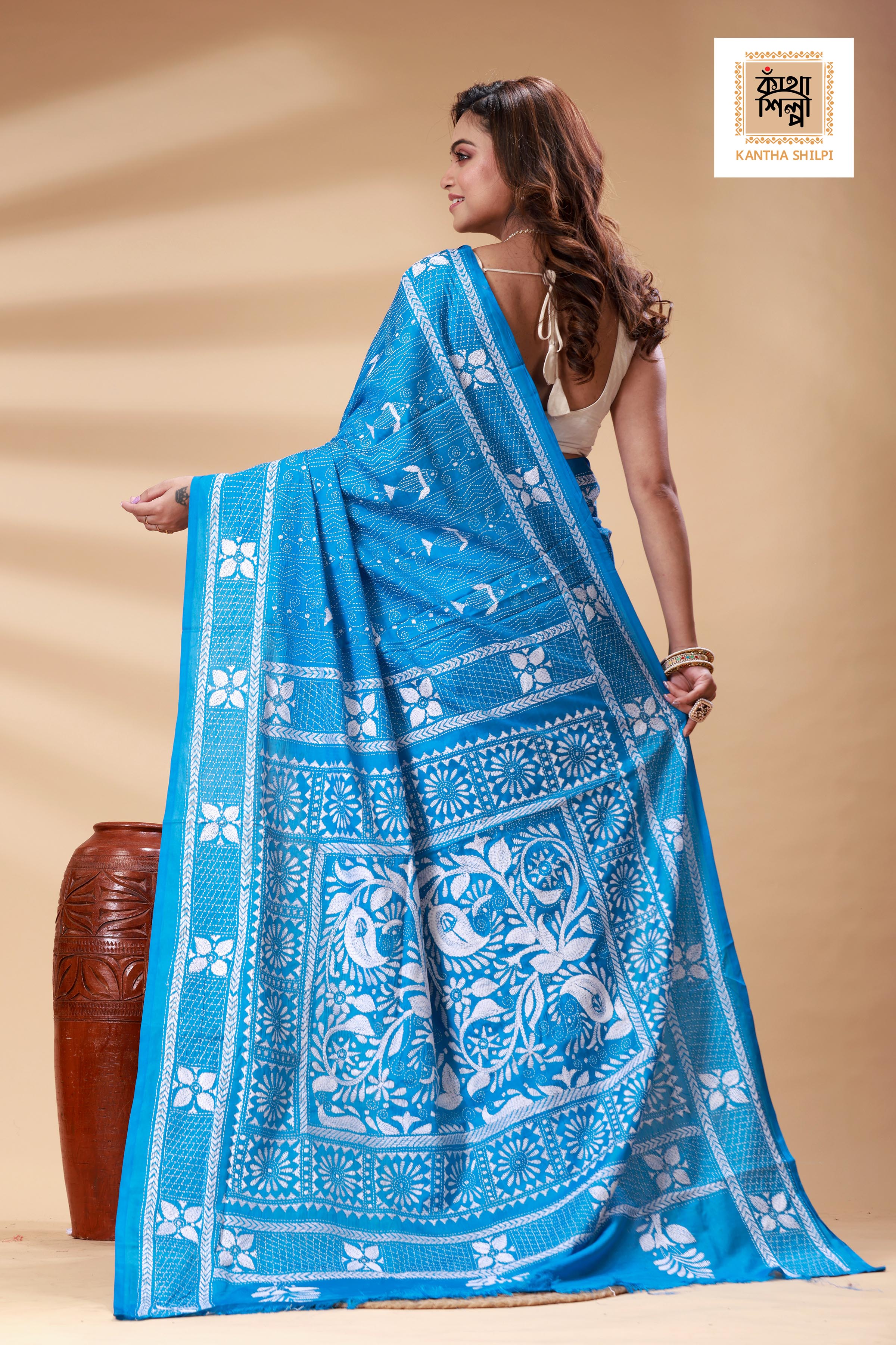 Blue Color Bangalore Silk White color Thread Work Kantha Stitch Saree