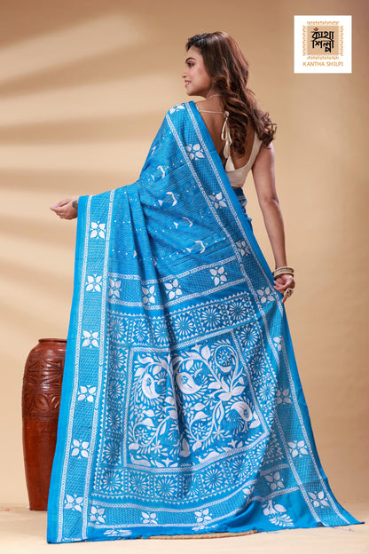 Blue Color Bangalore Silk White color Thread Work Kantha Stitch Saree