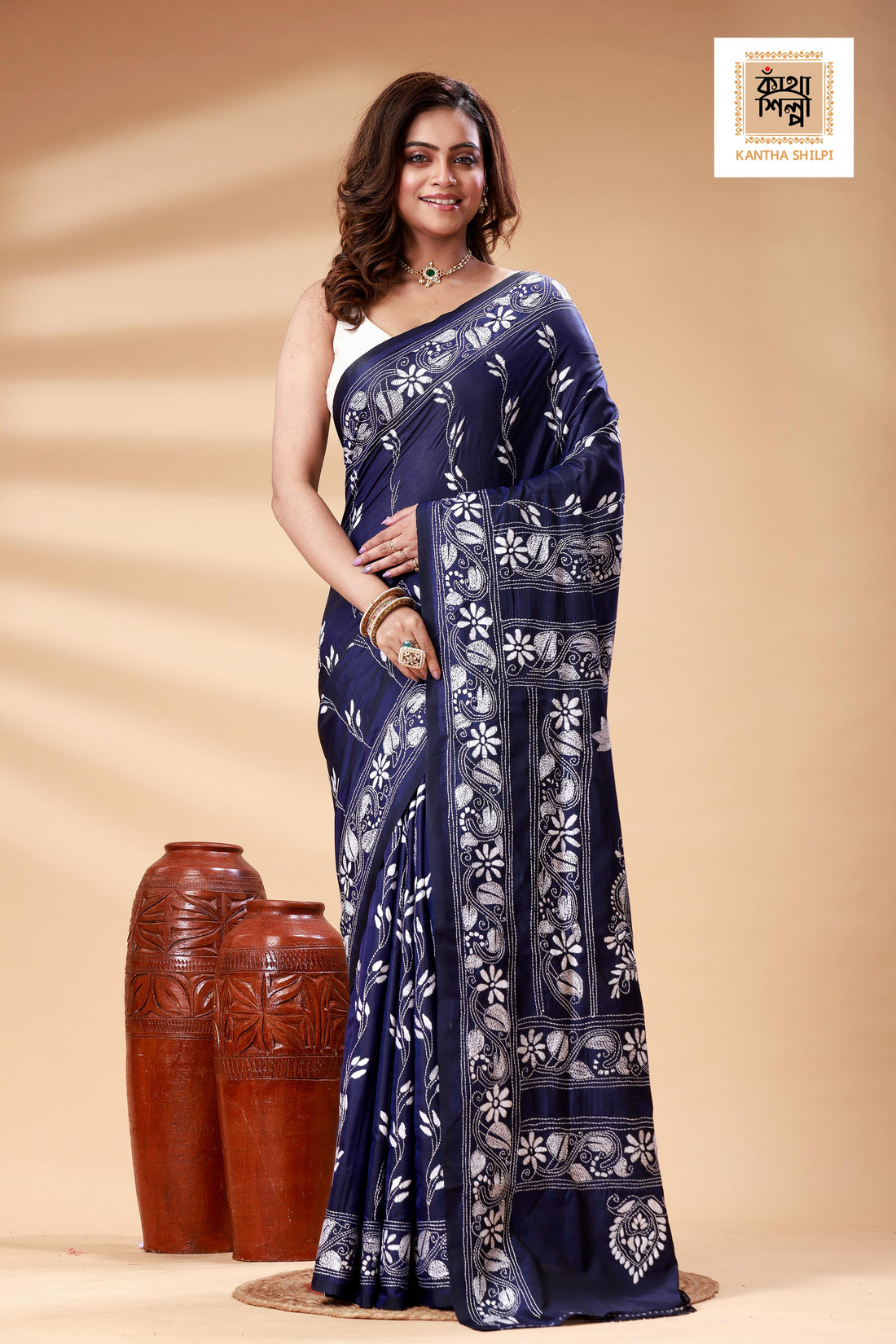 Blue Color Bangalore Silk White color Thread Work Kantha Stitch Saree