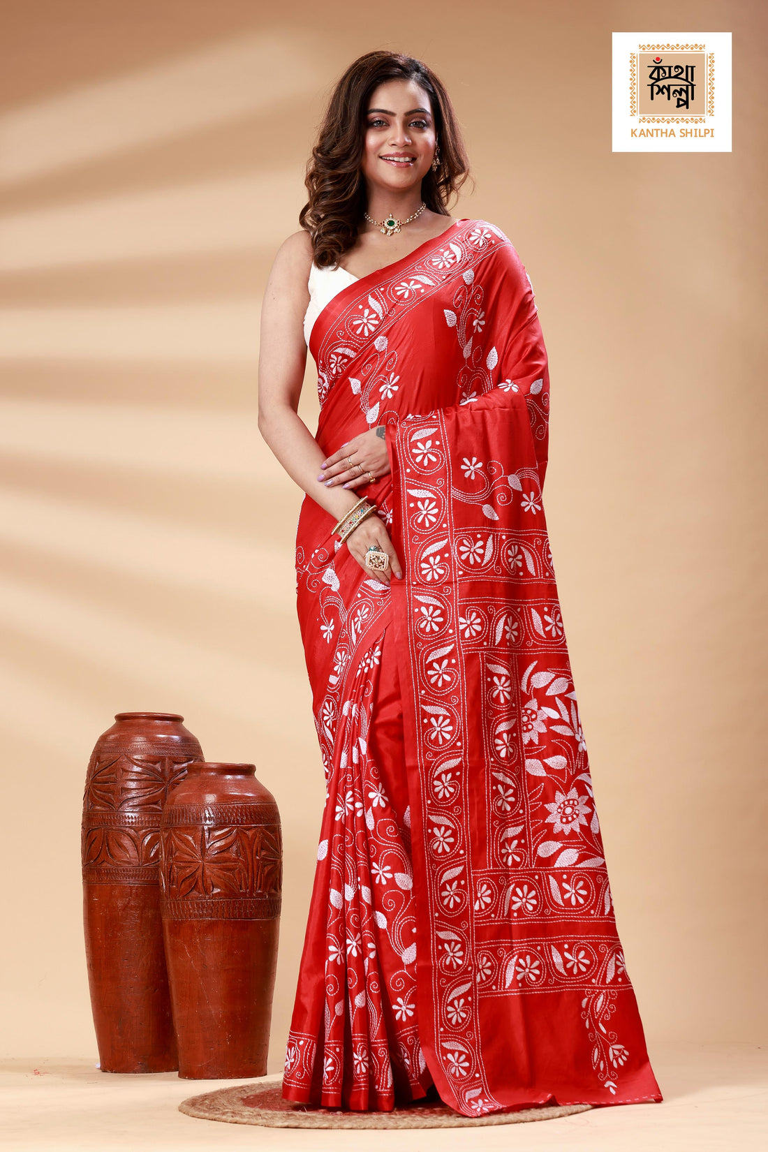 Red Color Bangalore Silk White color Thread Work Kantha Stitch Saree