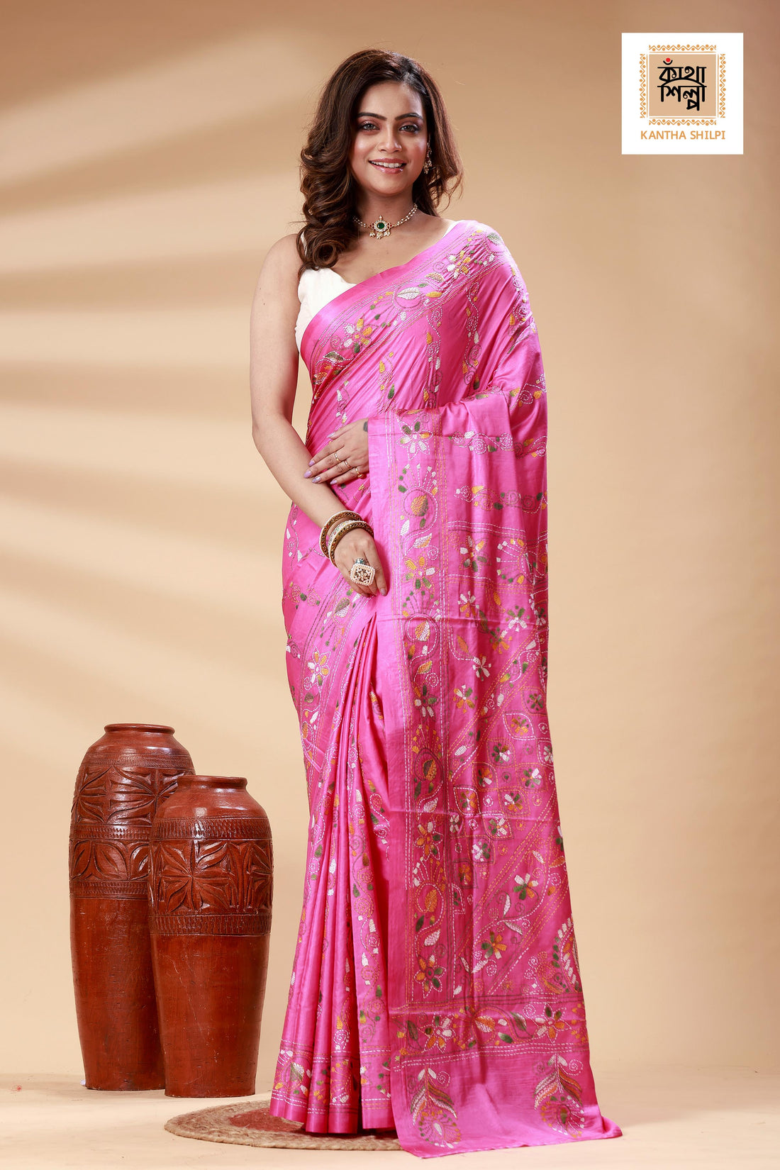Pink Color Bangalore Silk Multicolor Thread Work Kantha Stitch Saree