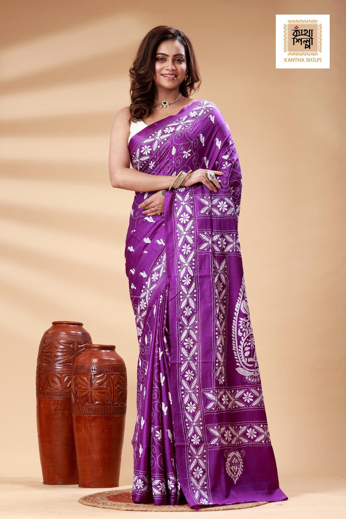 Purple Color Bangalore Silk White color Thread Work Kantha Stitch Saree