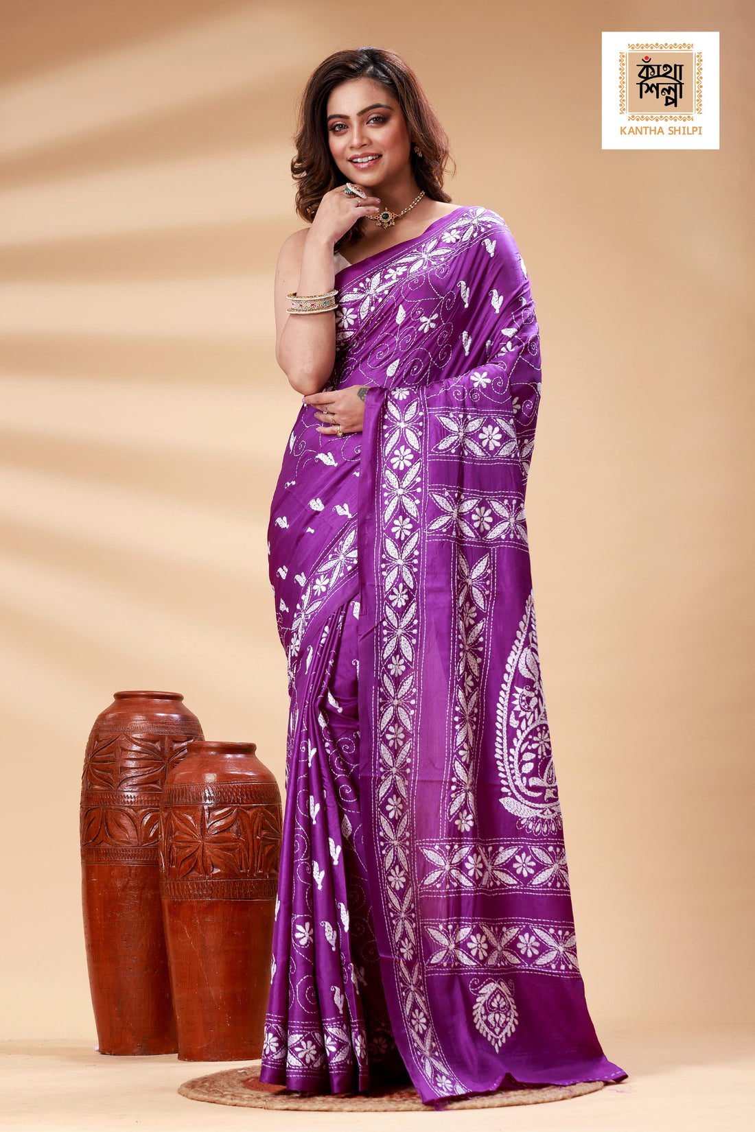 Purple Color Bangalore Silk White color Thread Work Kantha Stitch Saree