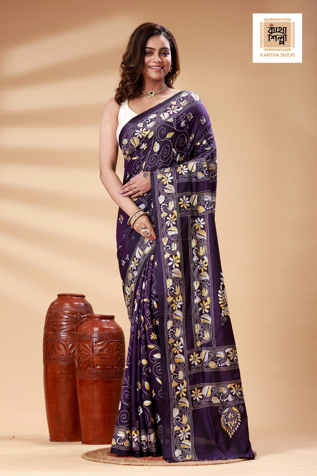 Blue Color Bangalore Silk Multicolor Thread Work Kantha Stitch Saree
