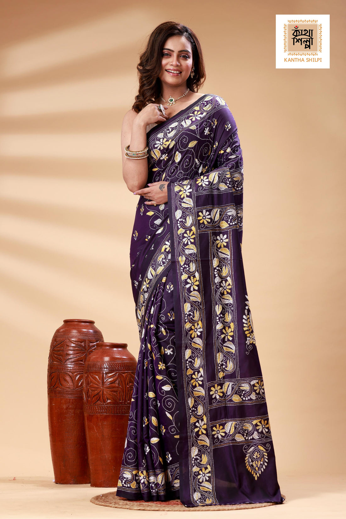 Blue Color Bangalore Silk Multicolor Thread Work Kantha Stitch Saree