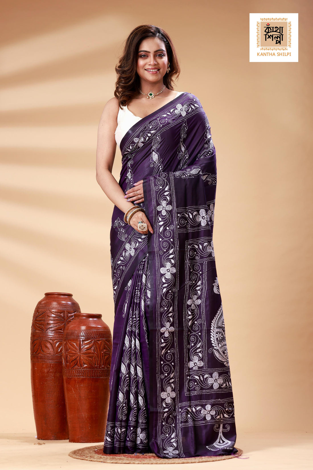 Purple Color Bangalore Silk White color Thread Work Kantha Stitch Saree