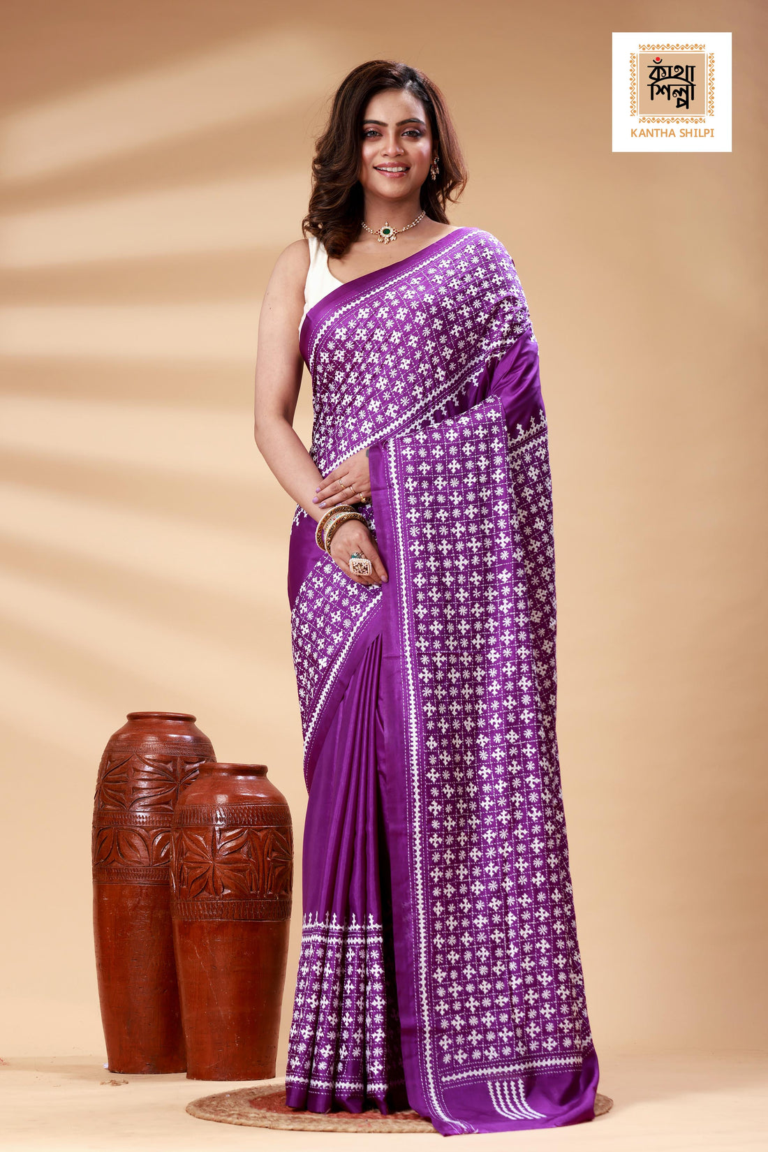 Purple Bangalore Silk White color Thread Work Gujrati Stitch Saree