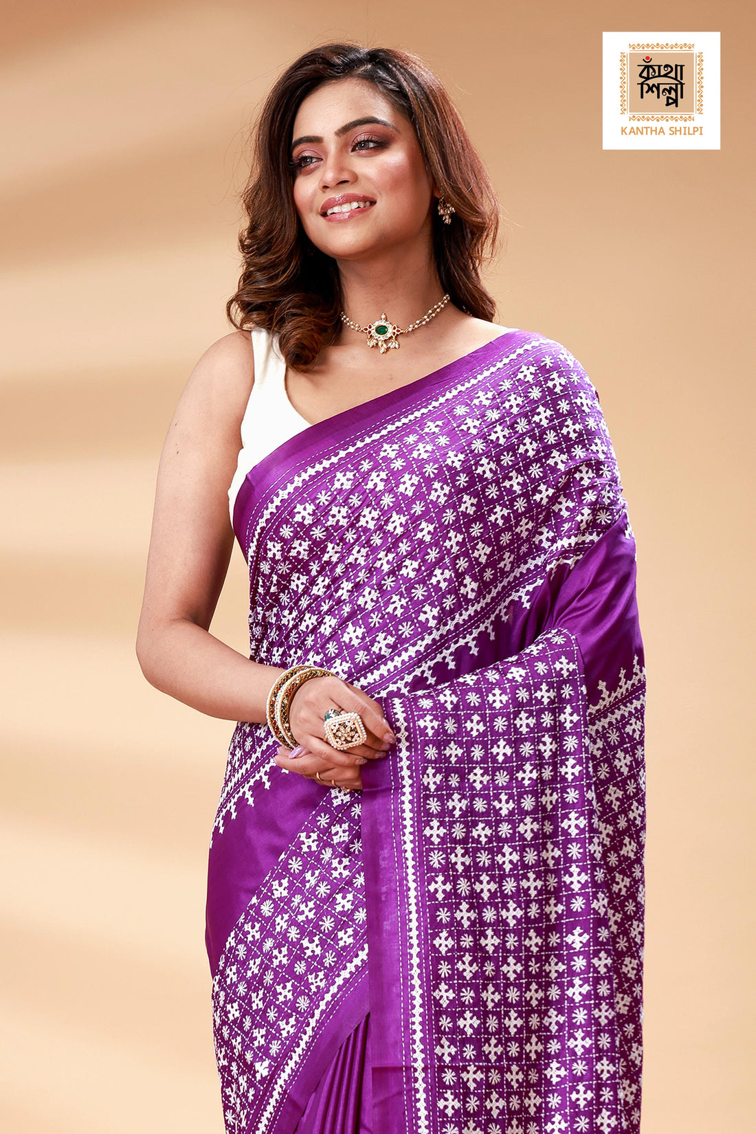 Purple Bangalore Silk White color Thread Work Gujrati Stitch Saree