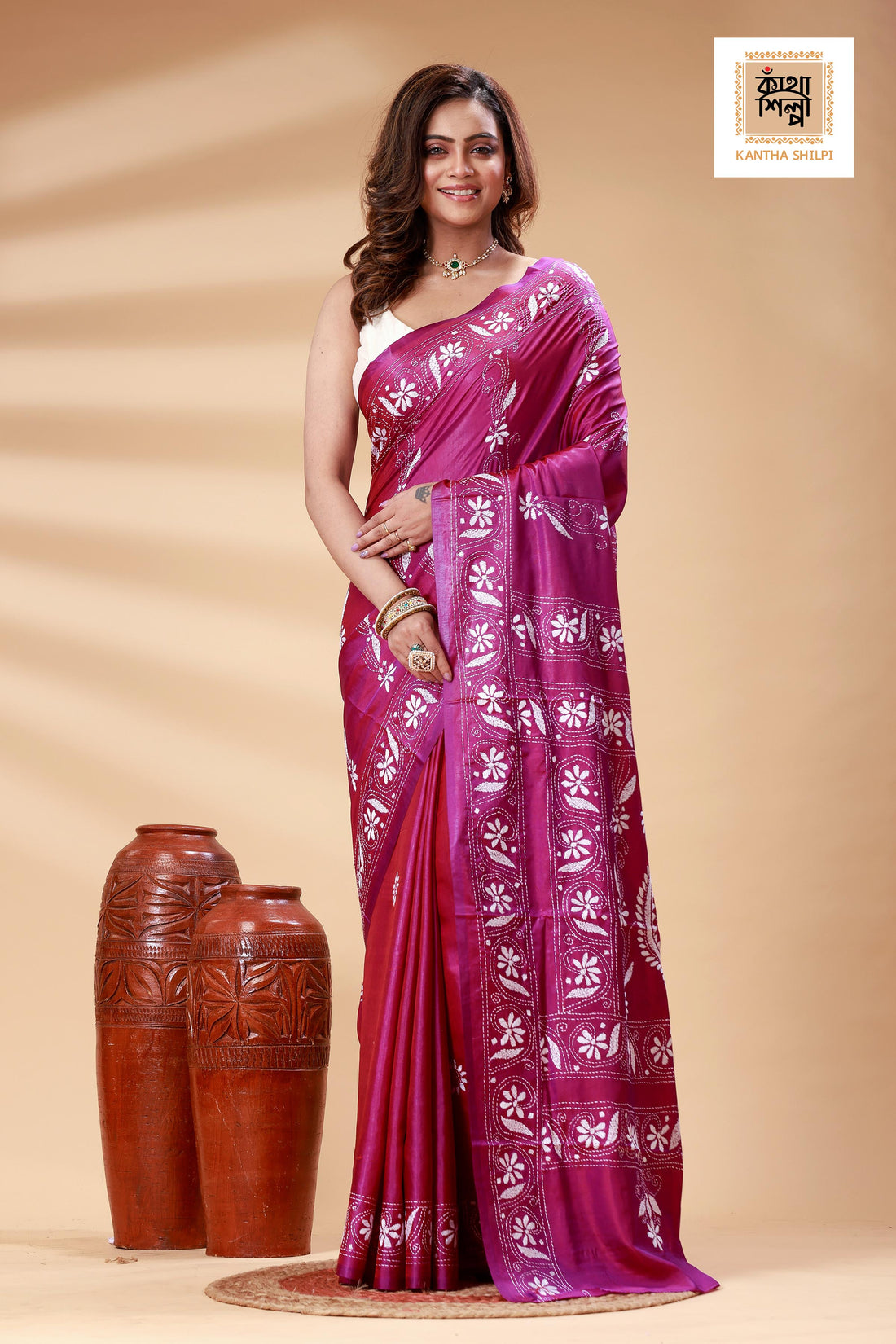 Rani Color Bangalore Silk White color Thread Work Kantha Stitch Saree