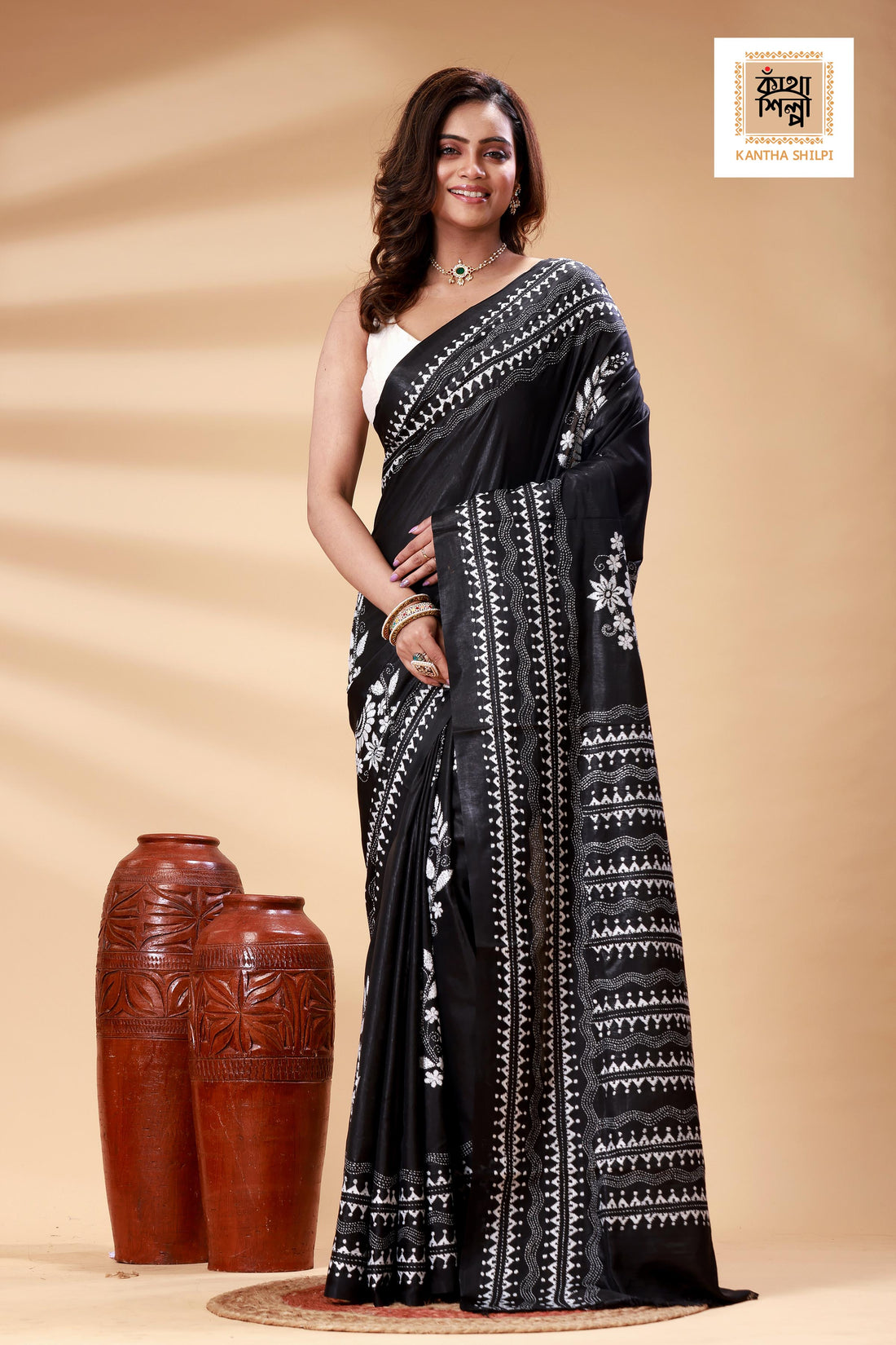 Black Color Bangalore Silk White color Thread Work Kantha Stitch Saree