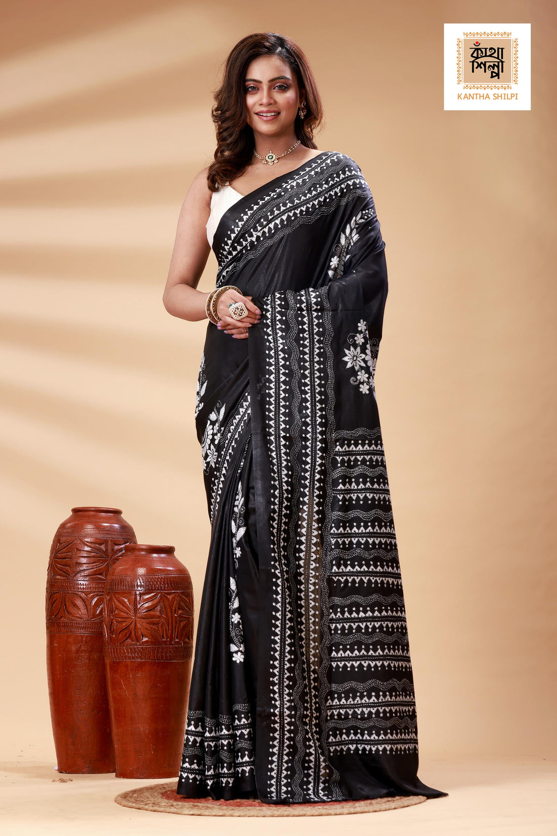 Black Color Bangalore Silk White color Thread Work Kantha Stitch Saree