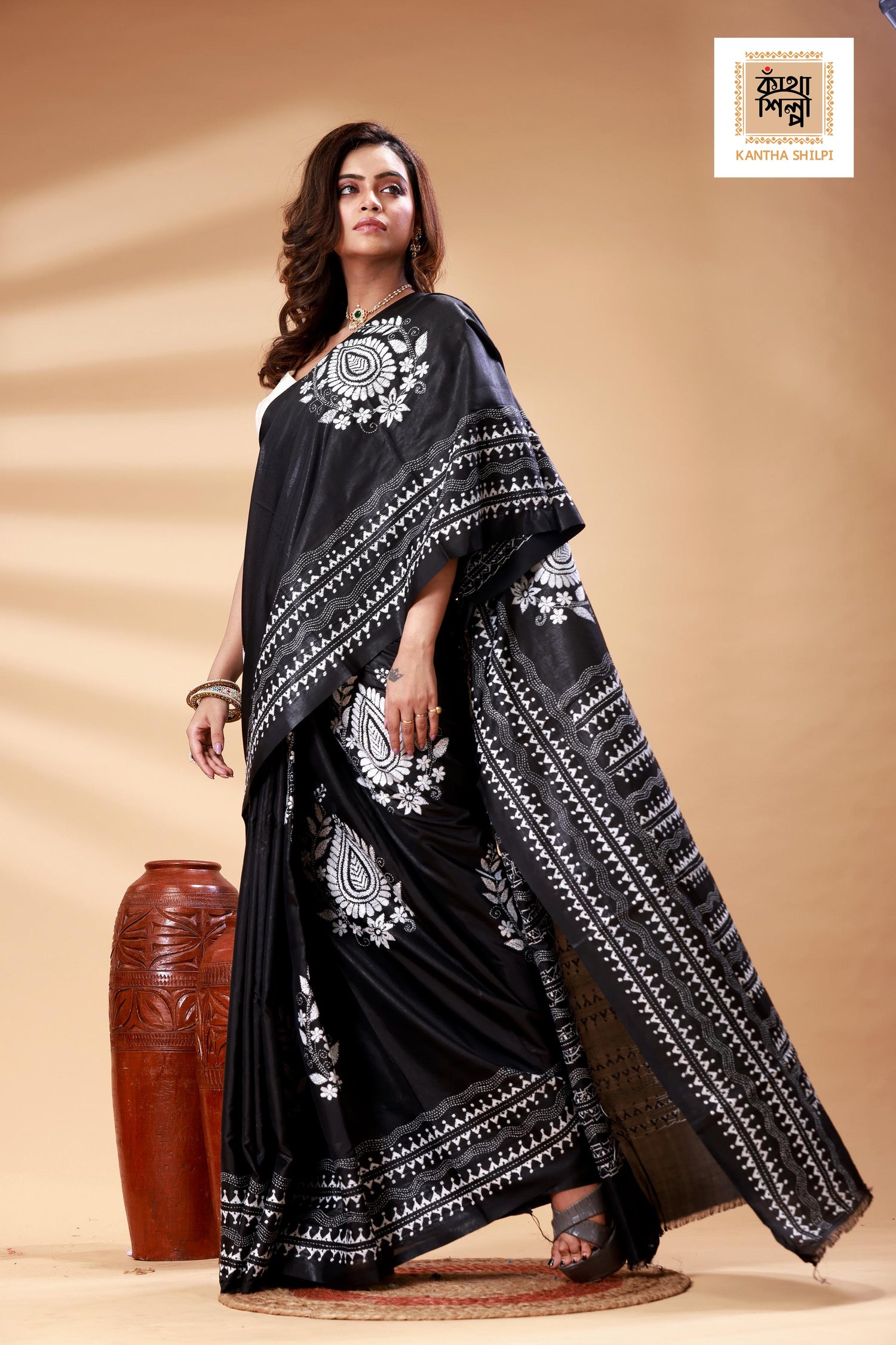 Black Color Bangalore Silk White color Thread Work Kantha Stitch Saree