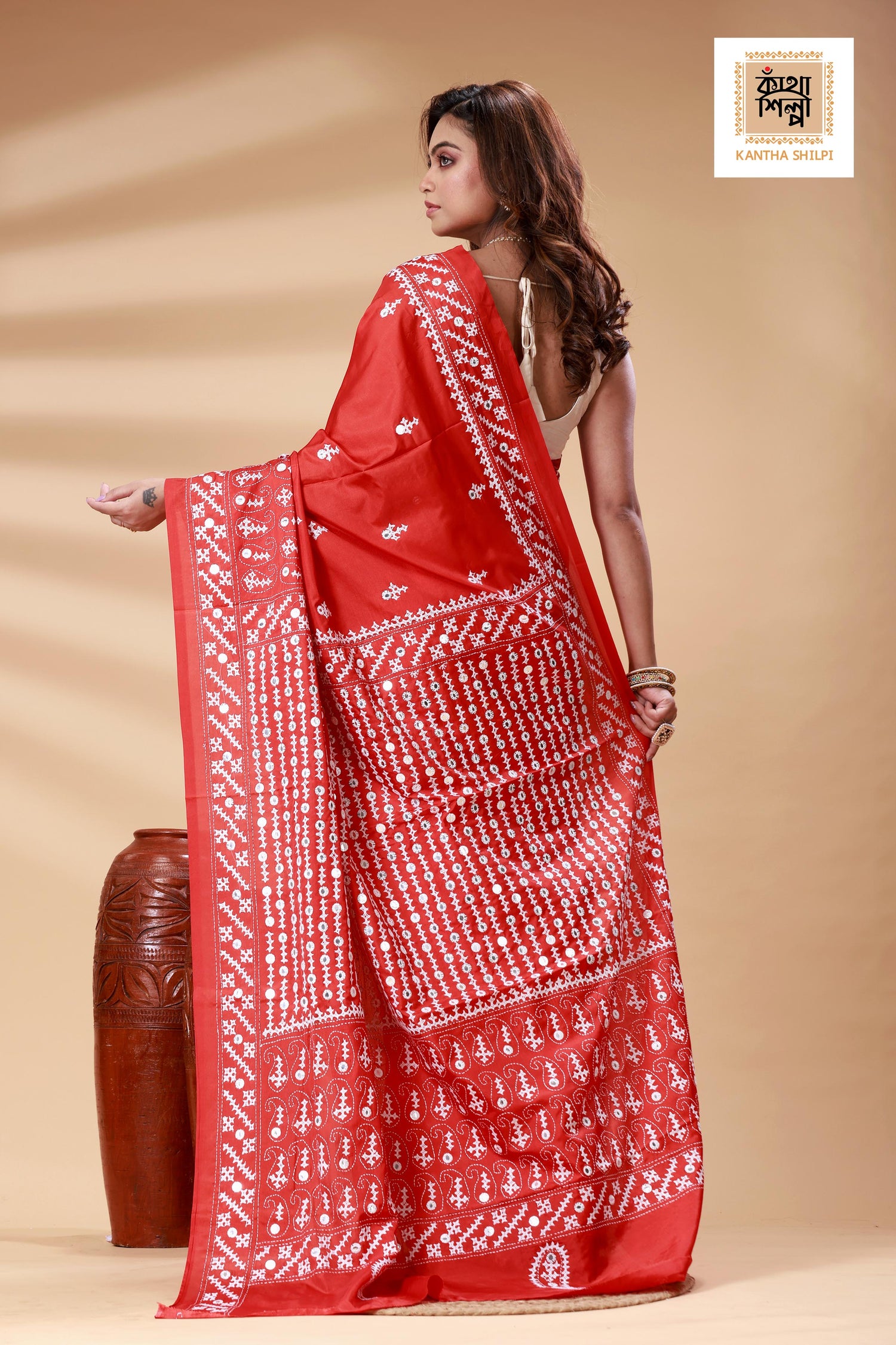 Red Bangalore Silk White color Thread Work Gujrati Stitch Saree
