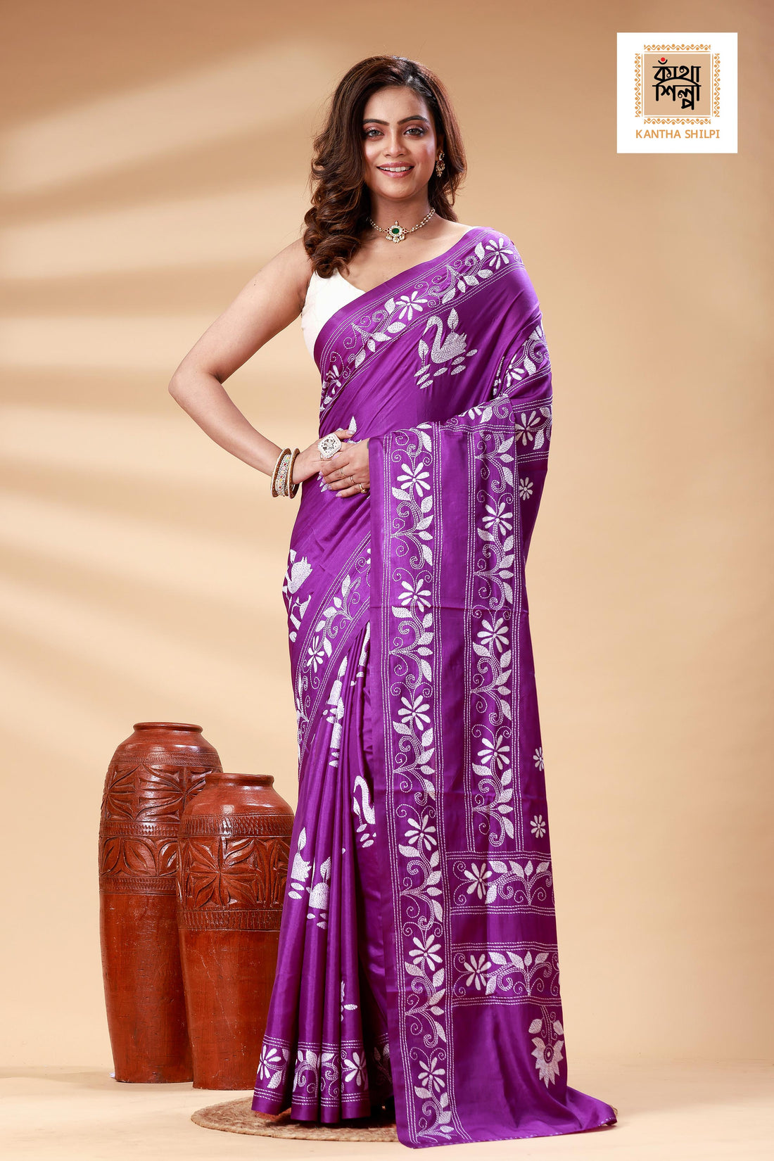 Purple Color Bangalore Silk White color Thread Work Kantha Stitch Saree