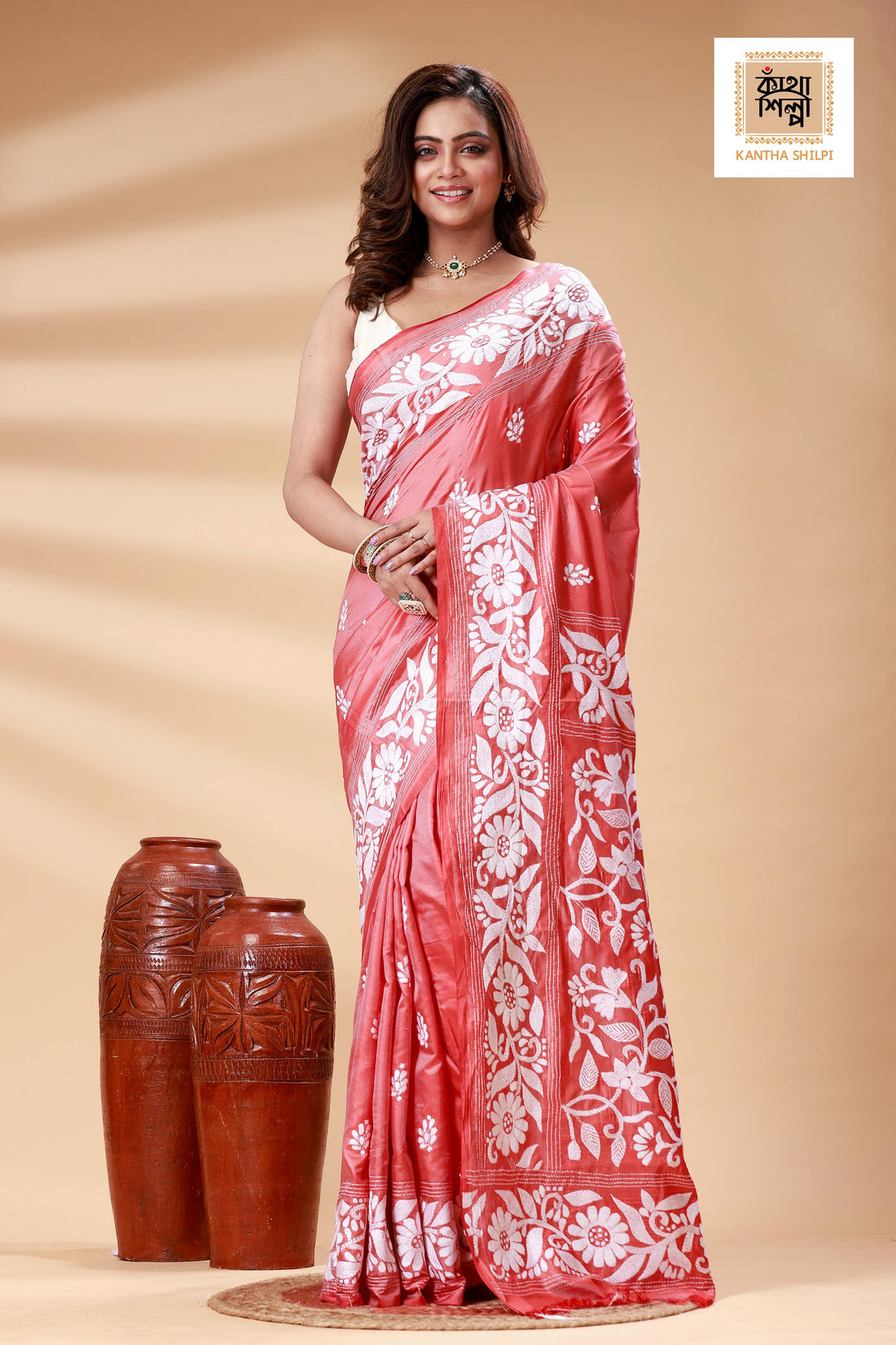 Pinkish Red Color Bangalore Silk White color Thread Work Kantha Stitch Saree