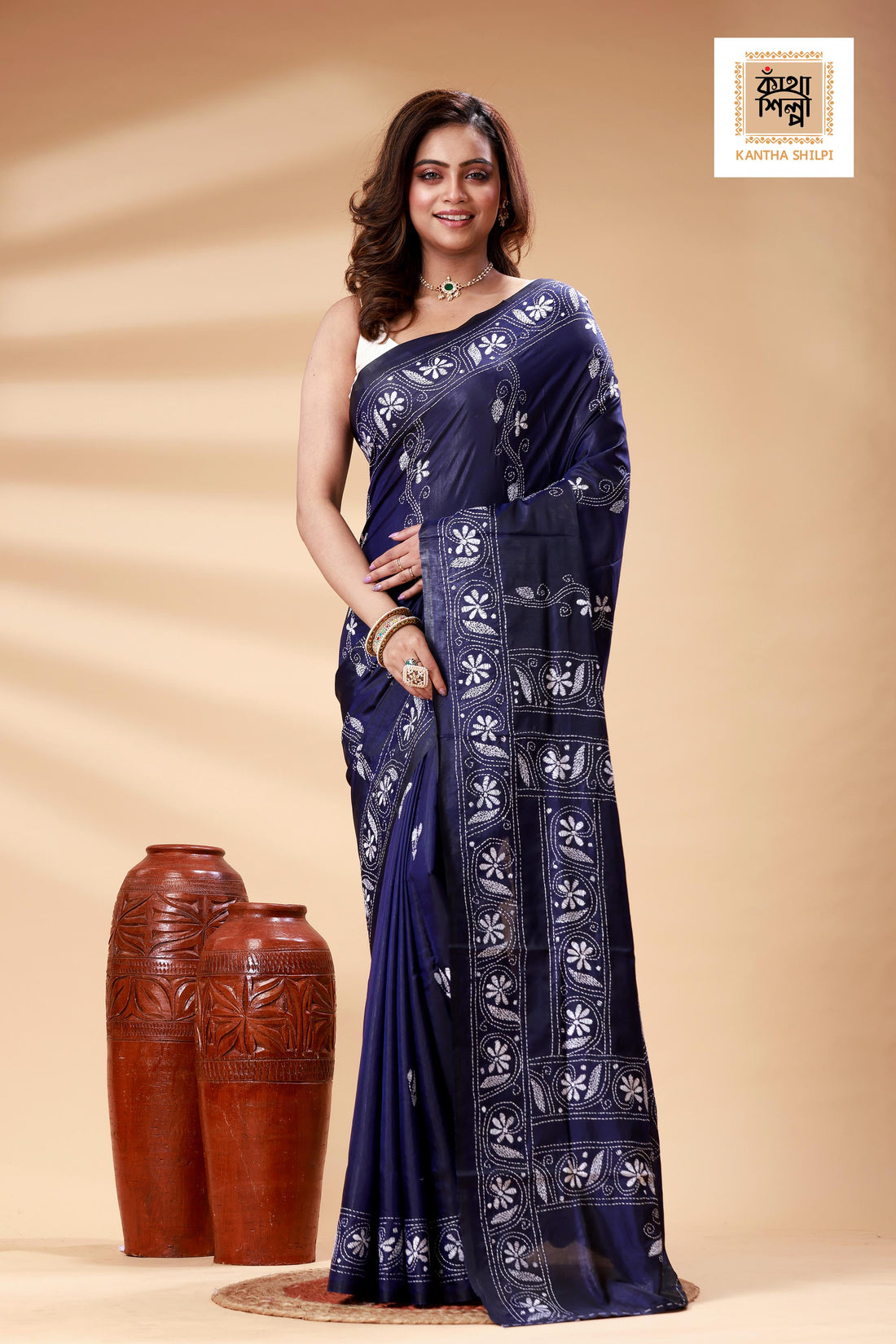 Blue Color Bangalore Silk White color Thread Work Kantha Stitch Saree