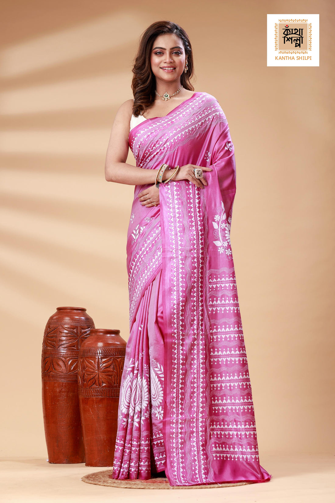 Pink Color Bangalore Silk White color Thread Work Kantha Stitch Saree