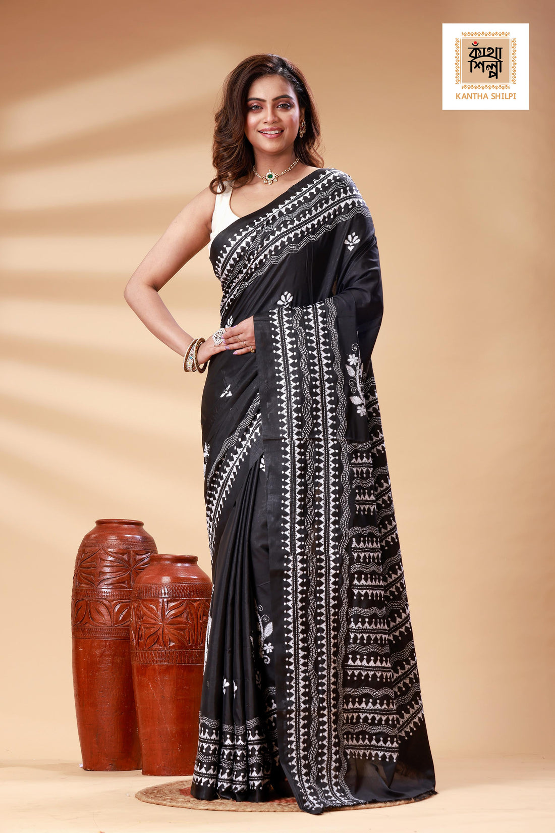 Black Color Bangalore Silk White color Thread Work Kantha Stitch Saree