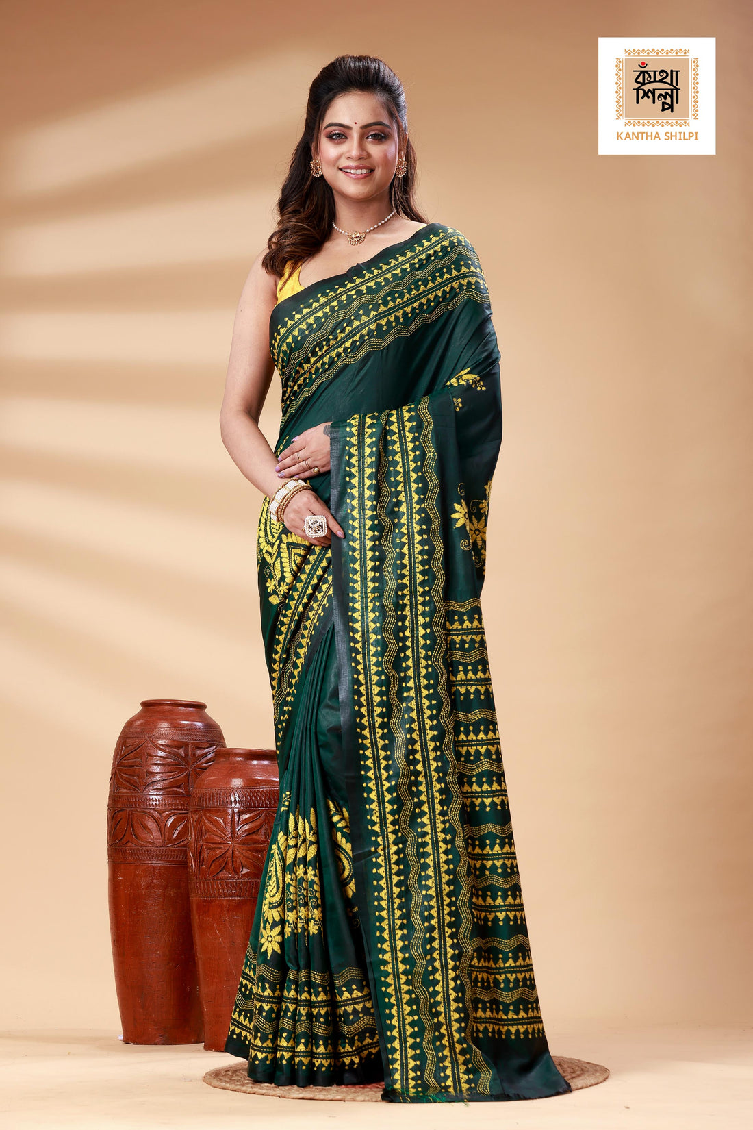 Dark Green Color Bangalore Silk Yellow color Thread Work Kantha Stitch Saree