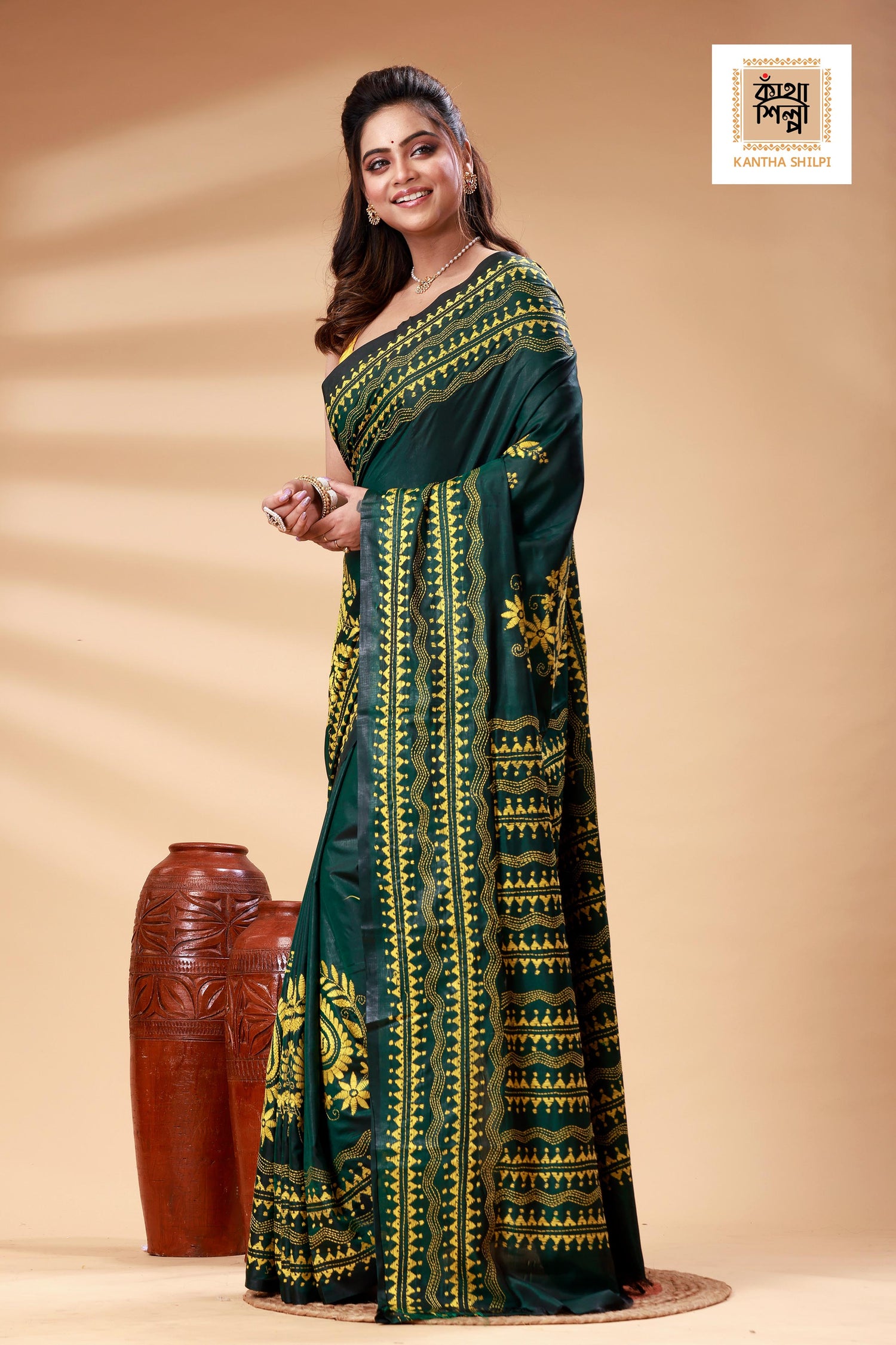 Dark Green Color Bangalore Silk Yellow color Thread Work Kantha Stitch Saree