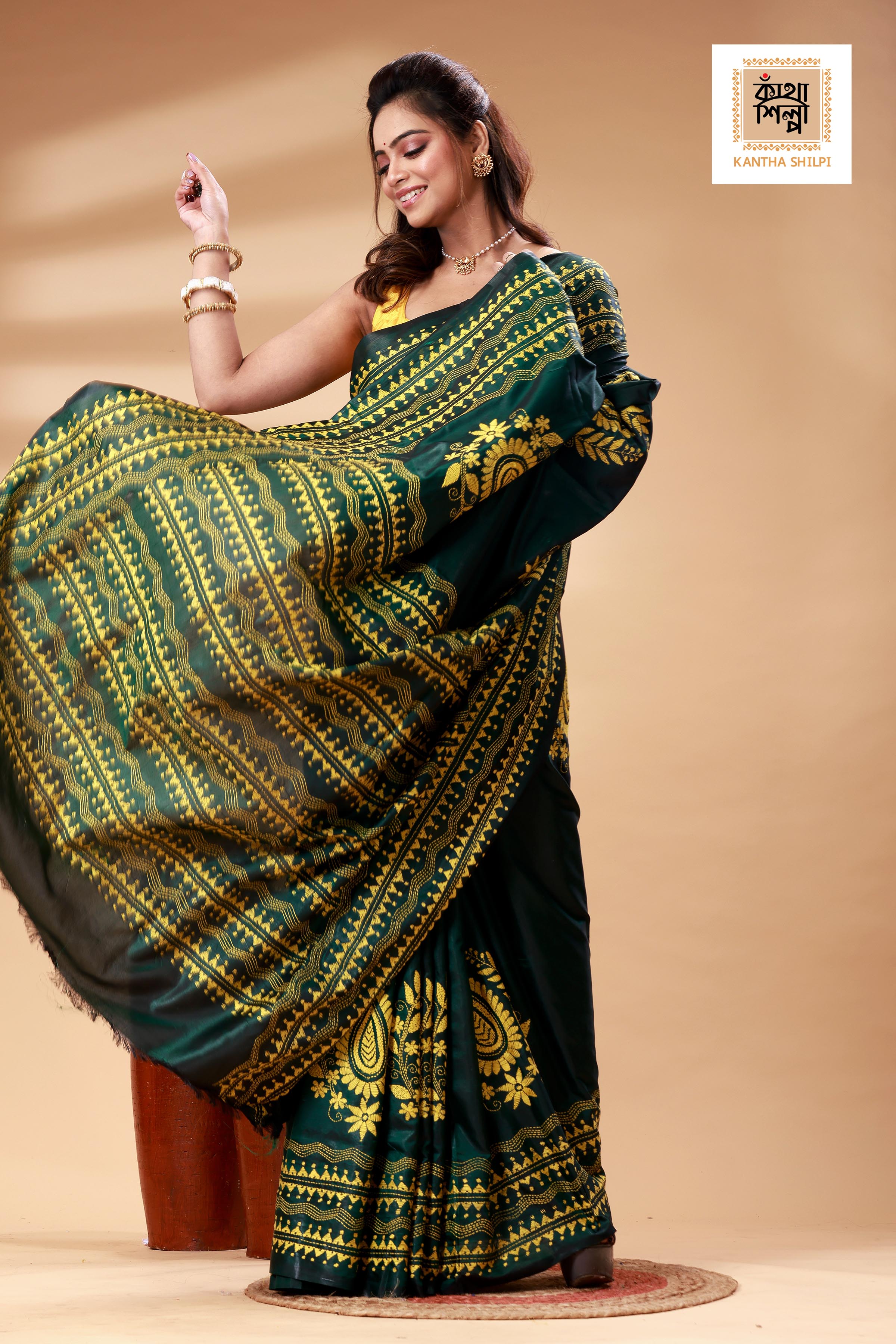 Dark Green Color Bangalore Silk Yellow color Thread Work Kantha Stitch Saree