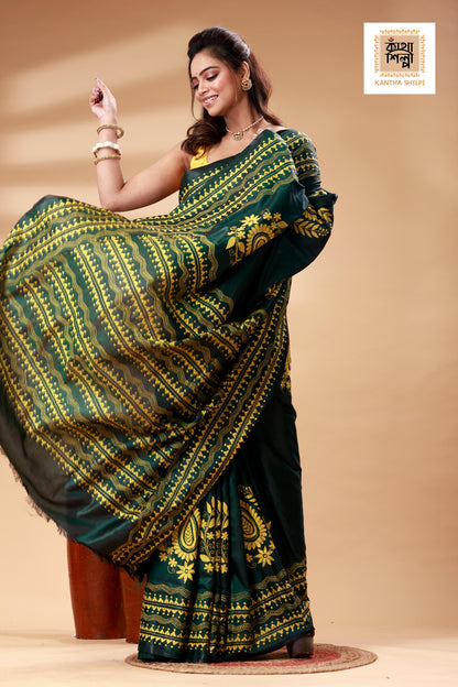Dark Green Color Bangalore Silk Yellow color Thread Work Kantha Stitch Saree