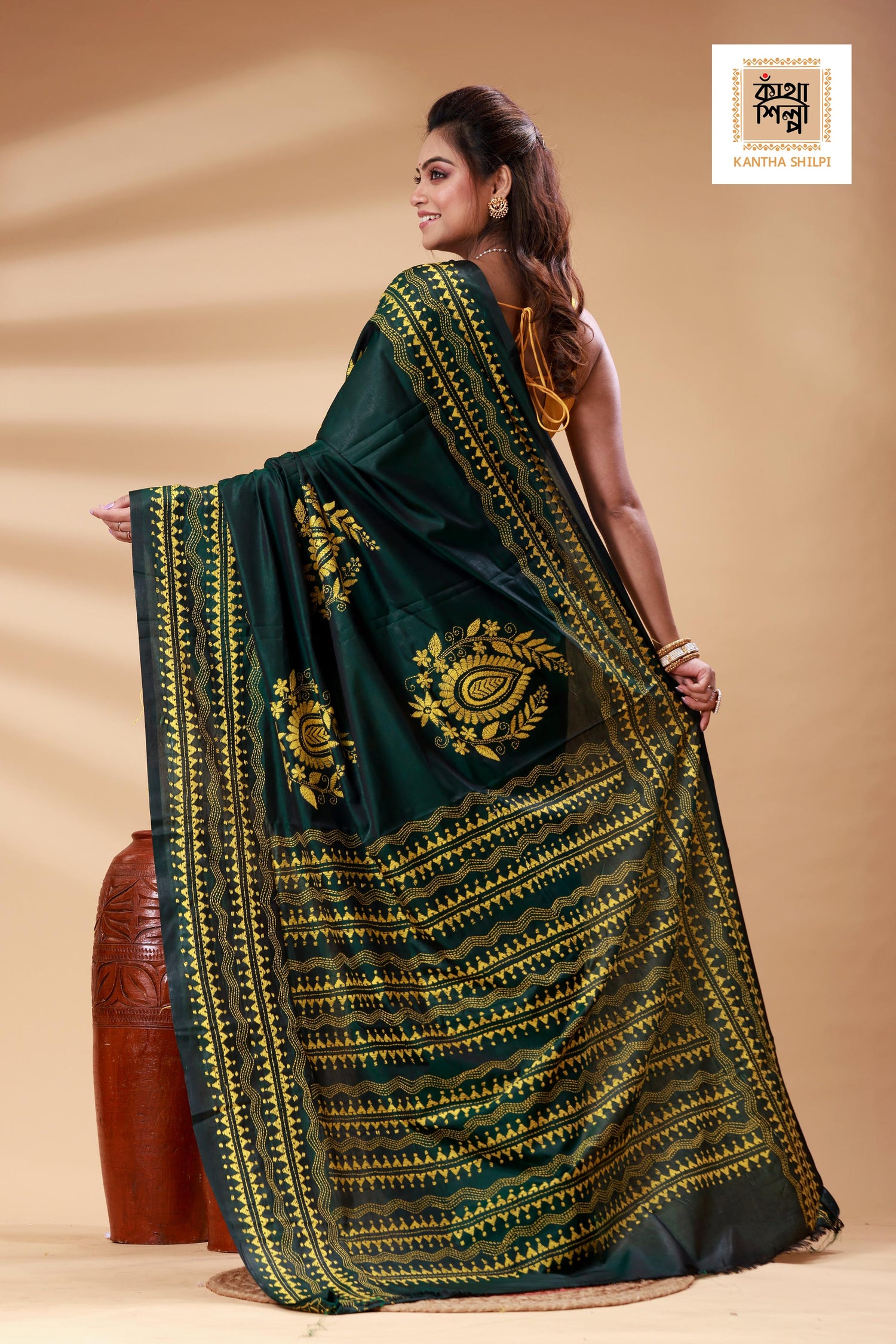 Dark Green Color Bangalore Silk Yellow color Thread Work Kantha Stitch Saree